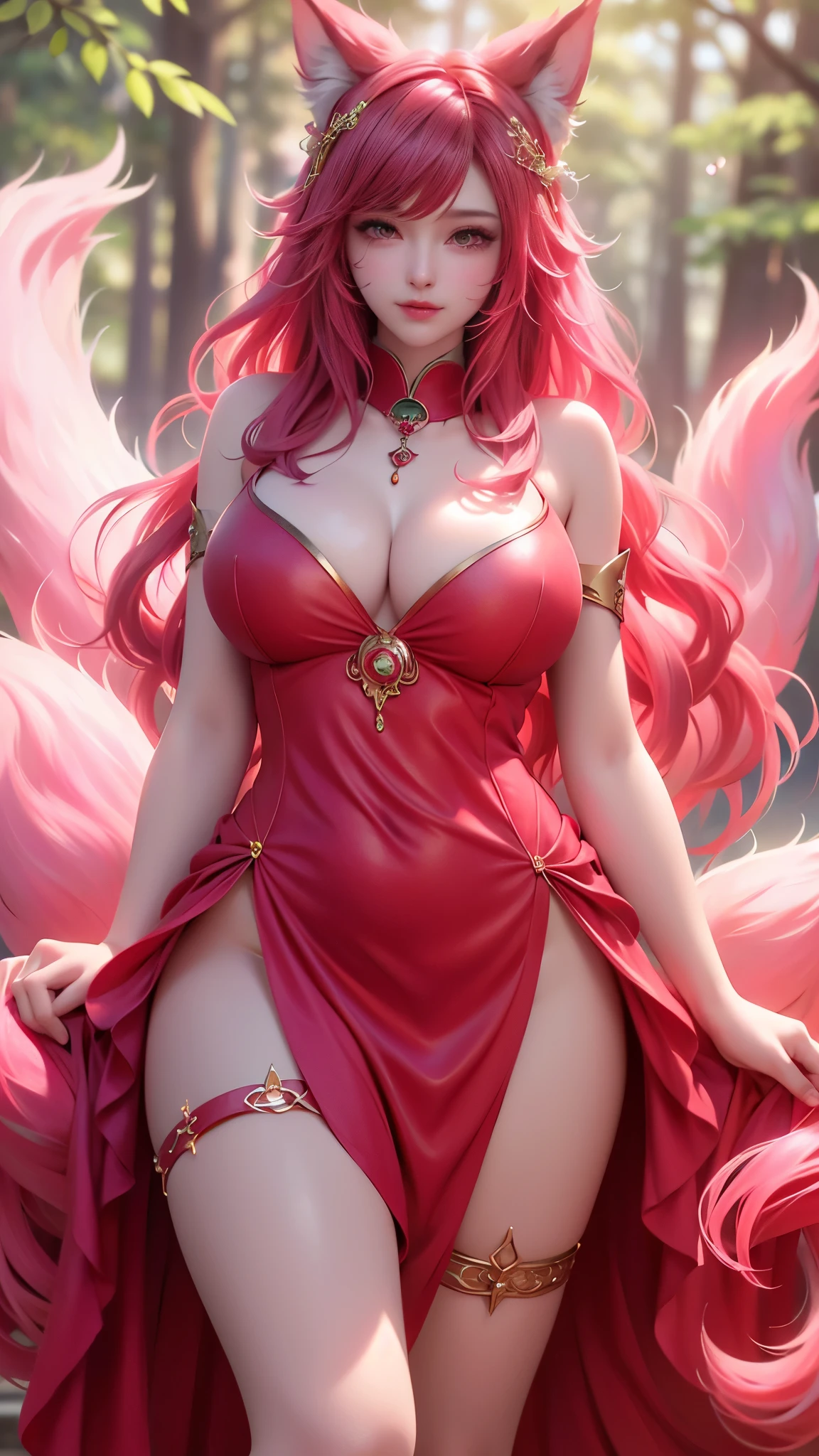 Super beautiful shining eyes、Face lighting,Bright backlight, huge breasts,超A high resolution,Best Quality,Photos,4K,(Realistic:1.2),
1 Indian girl,Cute,Cosplay,ahri (League of Legends),Looking at Viewer,(huge breasts:1.1), deep cleavage, Nine Tails,long ears,Green eyes,(Long wavy hair:1.2),White and gold headdress,Red and gold cheongsam,(Thigh height stockings:1.3),Red high heels,Red and gold bracelet,In the moonlit forest,