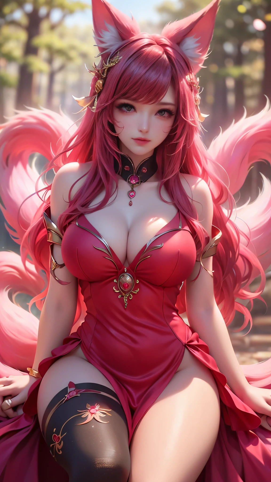 Super beautiful shining eyes、Face lighting,Bright backlight, huge breasts,超A high resolution,Best Quality,Photos,4K,(Realistic:1.2),
1 Indian girl,Cute,Cosplay,ahri (League of Legends),Looking at Viewer,(huge breasts:1.1), deep cleavage, Nine Tails,long ears,Green eyes,(Long wavy hair:1.2),White and gold headdress,Red and gold cheongsam,(Thigh height stockings:1.3),Red high heels,Red and gold bracelet,In the moonlit forest,