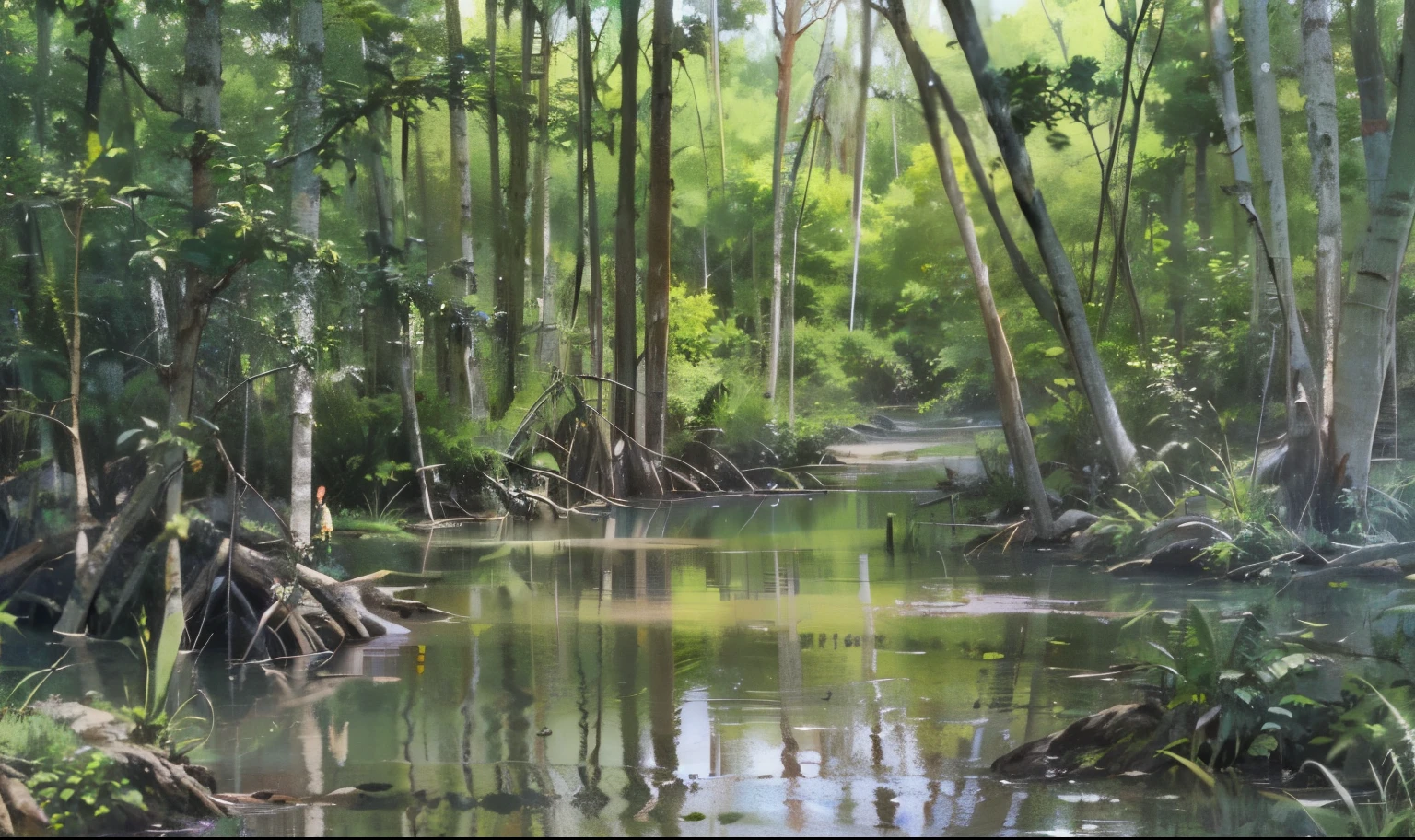 there is a small stream running through a forest filled with trees, mangrove swamp, swamp forest, river with low hanging plants, river in a forest, forest and river, river in the wood, indian forest, in a river in the jungle, mangrove trees, wooded environment, in a jungle environment, in serene forest setting, stagnant water, with trees and rivers