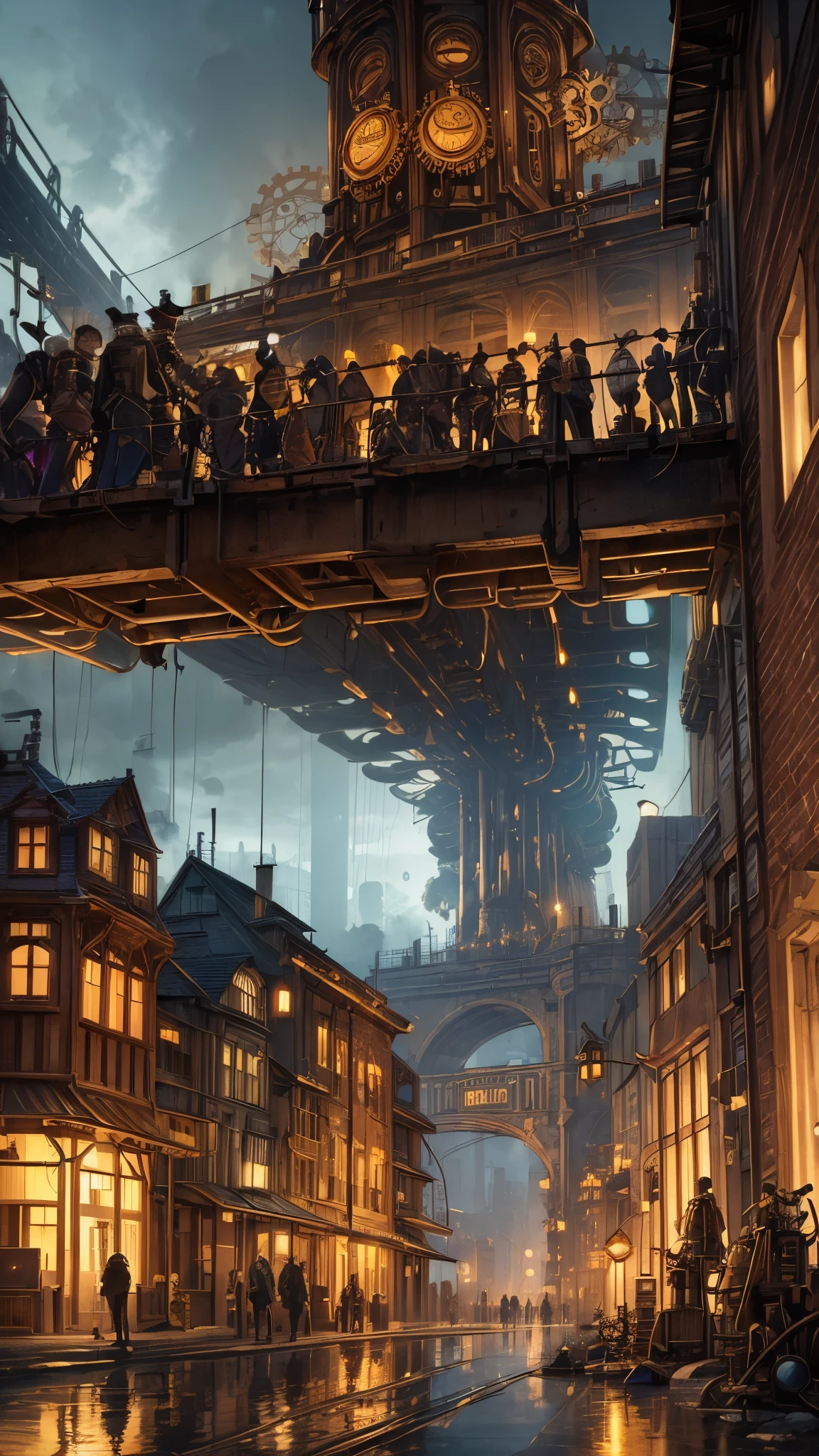 (((steampunk))),city,(((crowded buildings))),exposed gears and pipes,(((dim light))),submerged ground,((gears)),((thick pipes)),covered bridge,The perspective is from the bottom up, reflecting the height of the building,dark weather,smoking chimneyechanical devices))),((staggered wires)),crowded city,irregular buildings