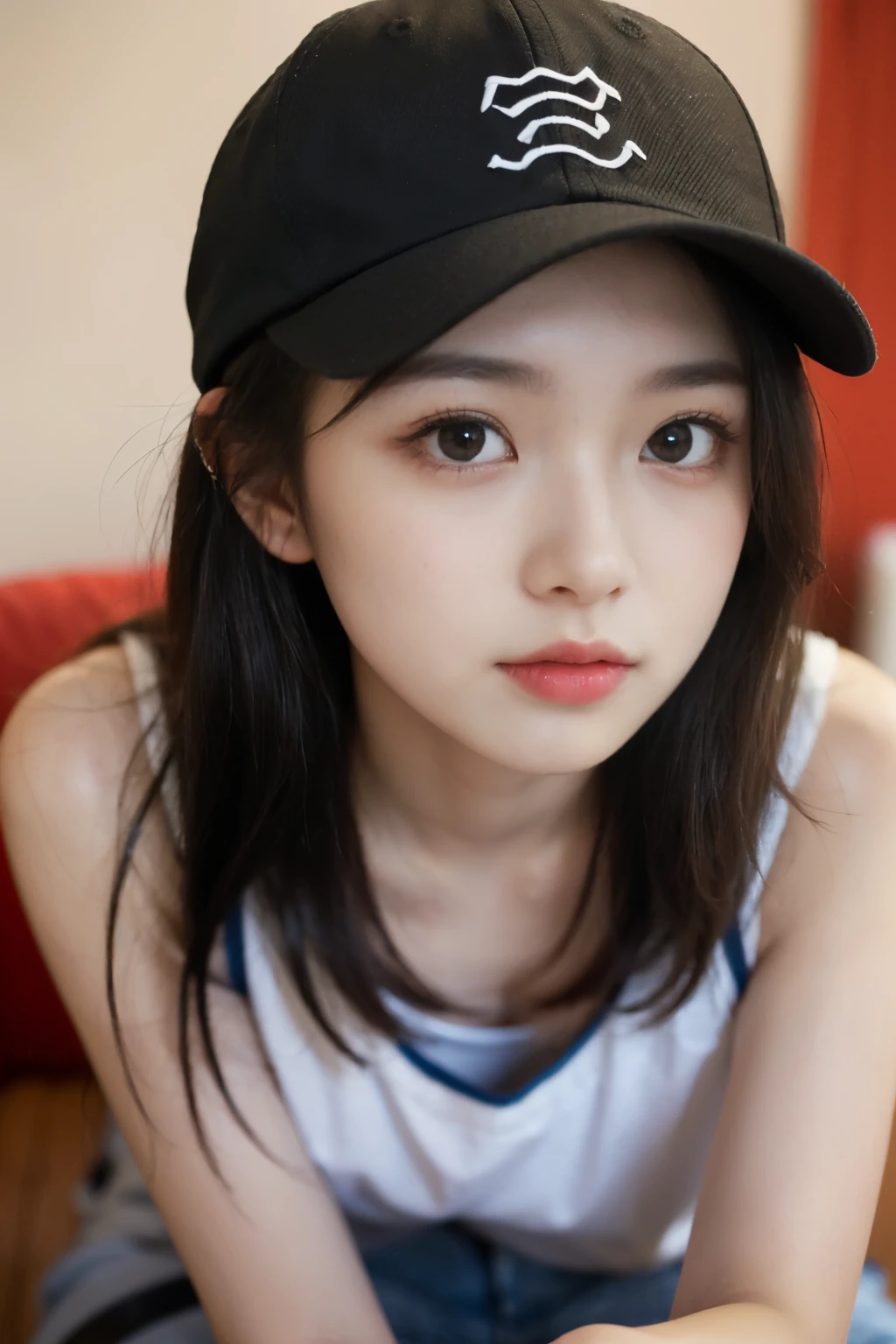 ((Show only the face、close up of face))、(tanktop wear、lie down on the chair、indoor、baseball hat、(bright room)、cute japanese woman、、high school girl、young girl、warm, beautiful detailed eyes double eyelid, down-turned eyes, beauty eyelashes, translucent skin, detail perfect nose, thin sweet lips