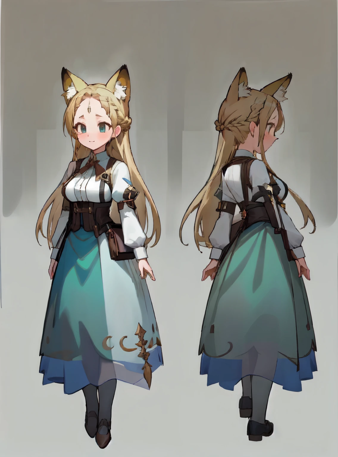 masterpiece: 1.6, highest quality: 1.4, live video: 1.2, intricate details: 1.2, ++, 1 girl, alone, ((blonde)), long hair, french braid, single ~ sidelock, Forehead: 1.5, fox ears, deep blue eyes, bright eyes, big breasts, green adventurer clothes, light clothing, pochette, ++, full body shot, multiple views, front, return: 1.6, ~ side, Performance, ((Character setting material collection, Same character in different poses, character reversal, multiple views)), (transparent returnground, gray returnground:1.2), arms behind return, Upper body, portrait, Happy, Are crying, cold, neutral