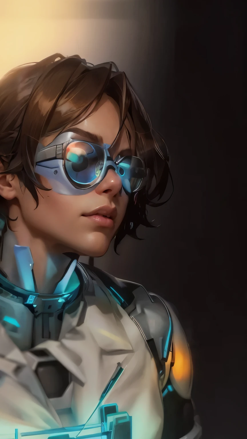 un primer plano de una persona que llevaba un traje futurista y gafas, monitoring echo, retrato de mei de overwatch, Personaje del juego Tracer, tracer monitoring, makoto shinkai ( legends of the apex ), tracer, arte conceptual del personaje de overwatch, Personaje de Overwatch Tracer, cyborg portrait, primer plano del arte del personaje, cyborg - chica, linda chica cyborg, oversight fanart