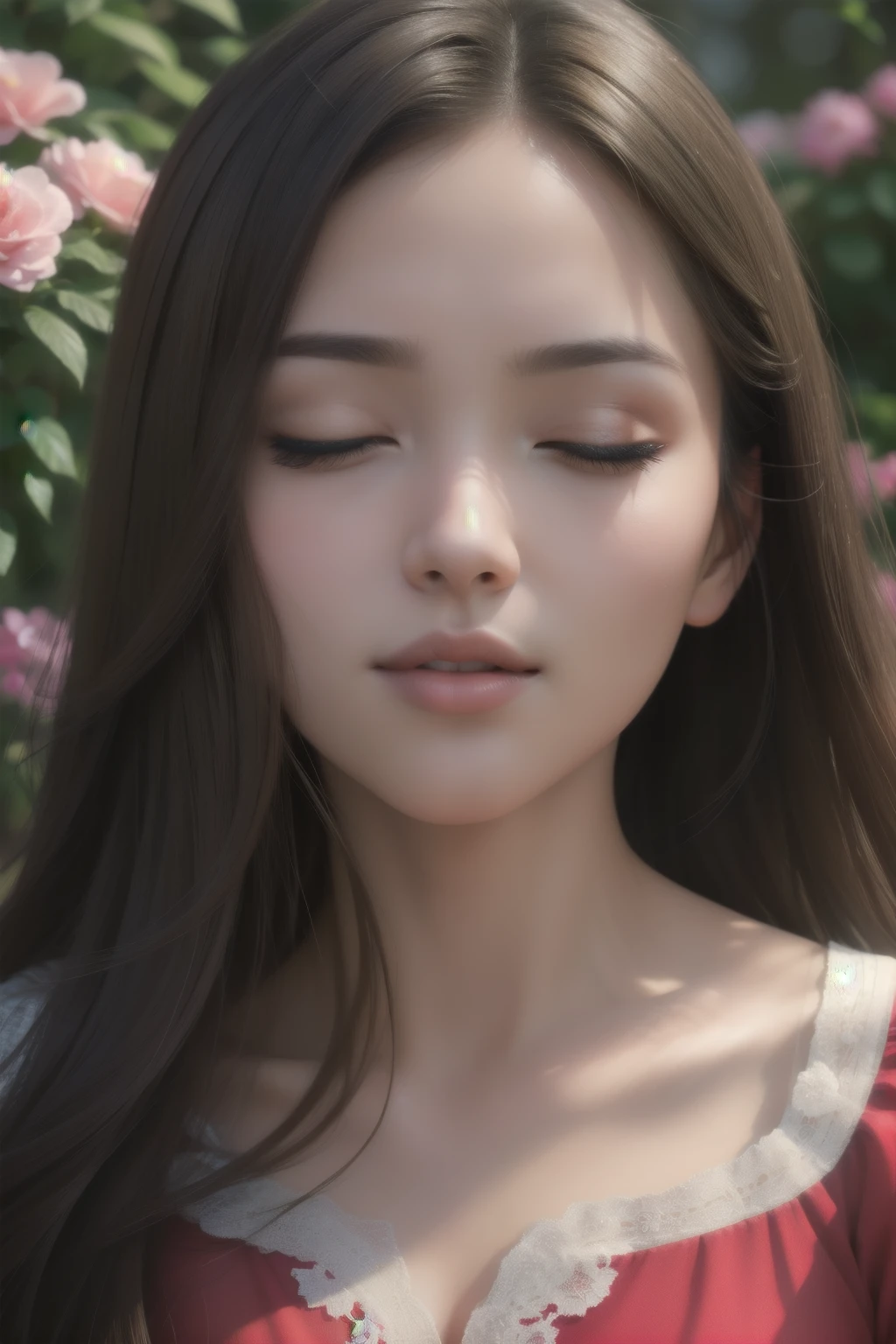 (best quality,4k,8k,highres,masterpiece:1.2),ultra-detailed,(realistic,photorealistic,photo-realistic:1.37),woman,exquisite features,beautiful detailed eyes,beautiful detailed lips,long dark hair,scarlet attire,garden setting,soft sunlight,graceful posture,elegant movement,vibrant colors,contrast lighting,romantic atmosphere,portrait style,subtle shadows,rich textures,lush greenery,soothing ambiance,delicate facial features,perfect skin complexion,passionate expression,fine brushstrokes,meticulous attention to detail,subtle highlights,finely crafted jewelry,serene facial expression,alluring gaze,red lipstick,playful smile,graceful gestures,flowing dress,flowery backdrop,artistic composition,aesthetic appeal,eye-catching vibrancy,impeccable fashion sense,dramatic lighting,expressive eyes,subtle blush,HDR,professional composition,vivid red color,stylish appearance,striking beauty,garden scenery,alluring charm