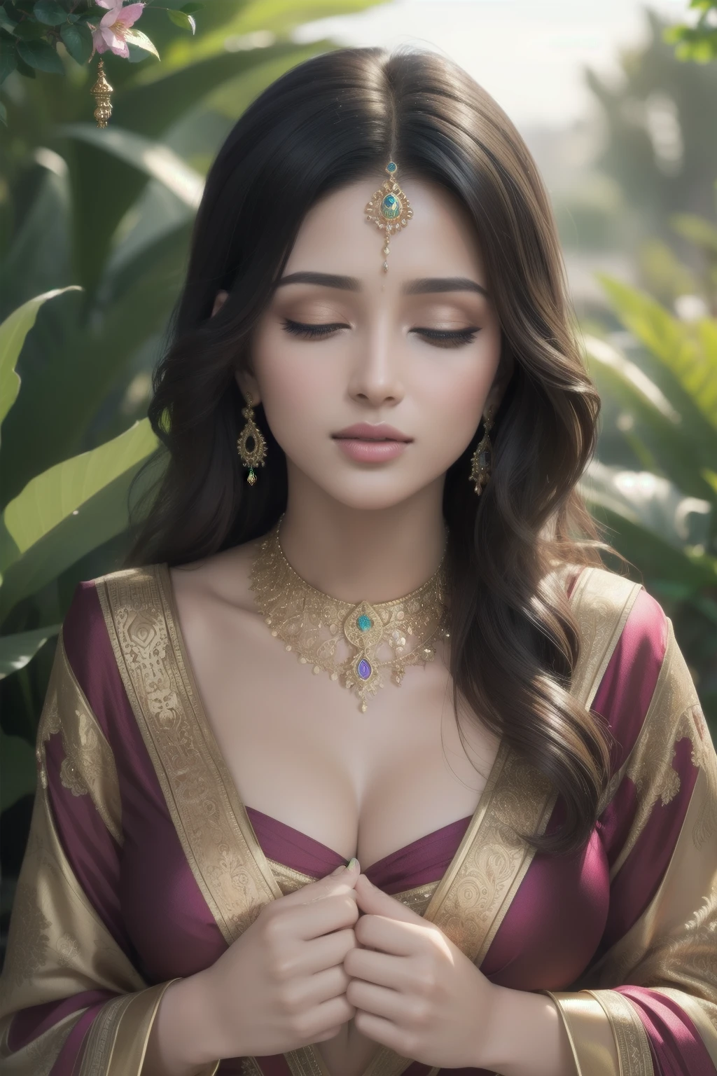 (best quality,4k,8k,highres,masterpiece:1.2),ultra-detailed,(realistic,photorealistic,photo-realistic:1.37),beautiful detailed eyes,beautiful detailed lips,extremely detailed eyes and face,longeyelashes,A seductive woman captivates in a stunning saree,silk fabric and intricate embroidery,graceful and elegant pose,floating pallu and pleated drapes,rich and vibrant colors,subtle shimmer and shine,traditional yet modern,perfectly fitted blouse,ornate jewelry and accessories,exquisite henna patterns on hands and feet,faint blush on cheeks and lips,captivating and confident gaze,luxurious and royal ambiance,soft and diffused lighting,lush garden backdrop with blooming flowers and lush greenery,delicate and subtle perfume scent in the air