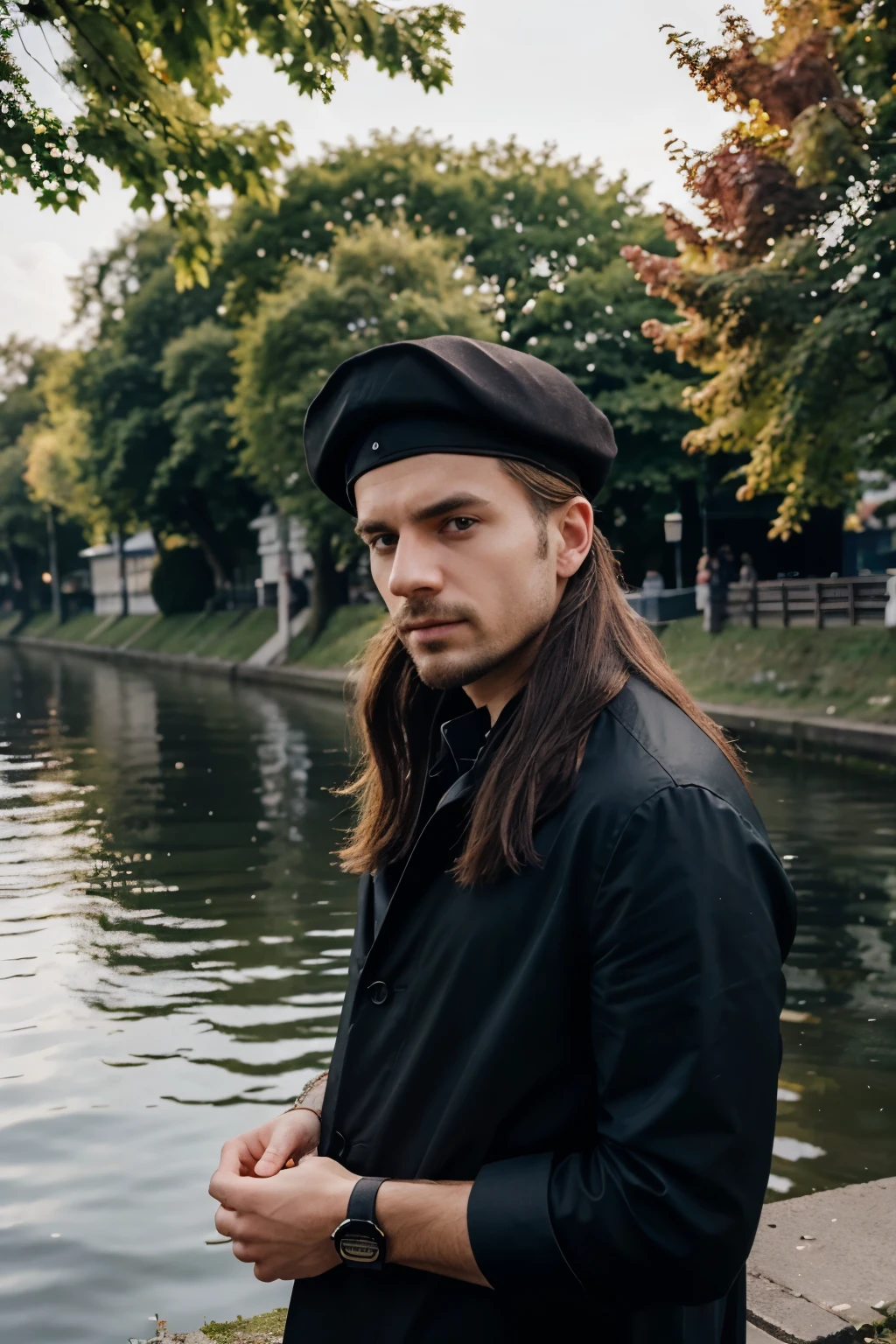Das von KI generierte Bild zeigt einen Mann der keine Haare auf dem Kopf hat, der am Ufer des Meeres steht
