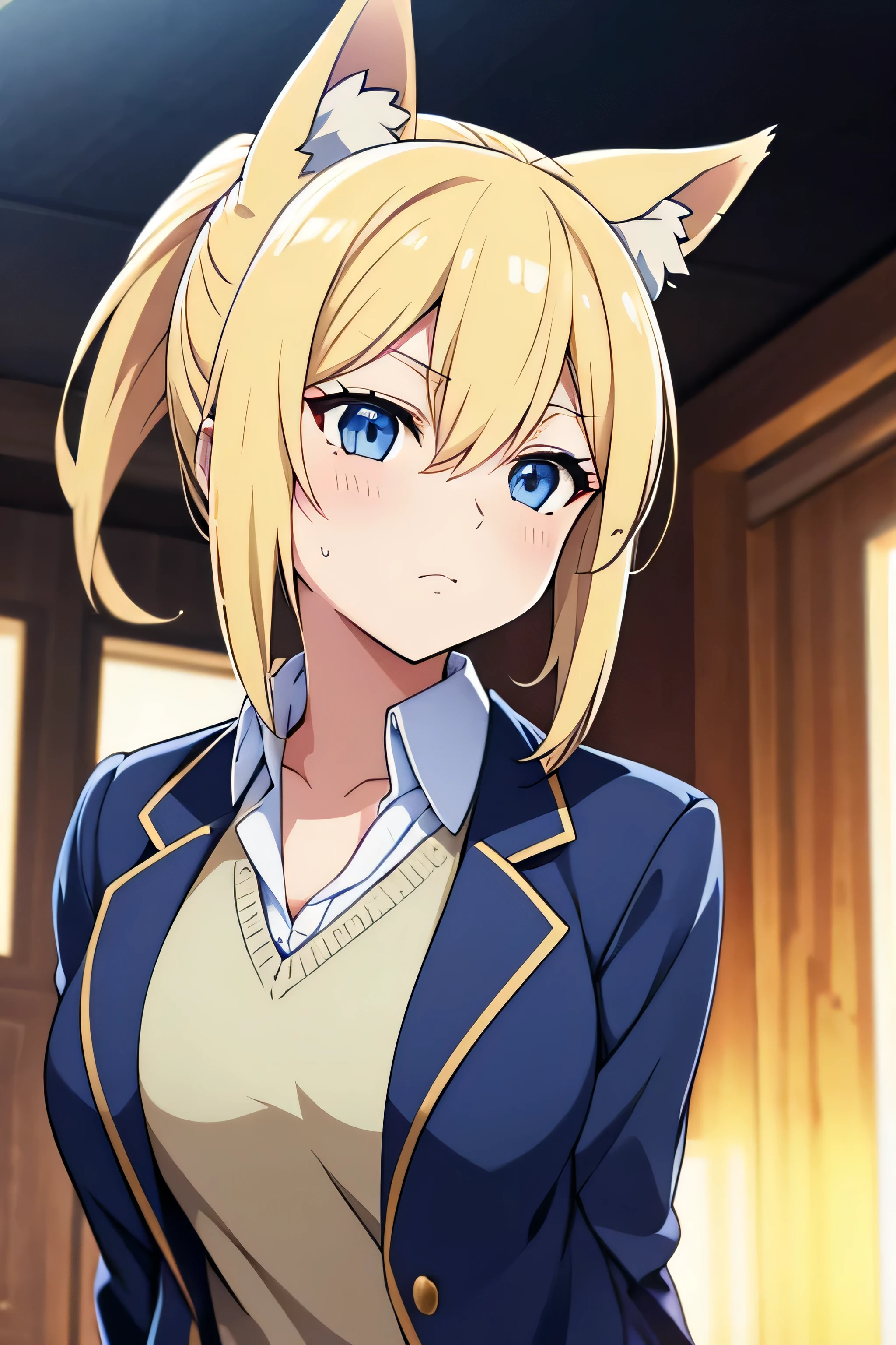 blonde、ponytail、fox ears、light blue eyes、high school girl、blazer