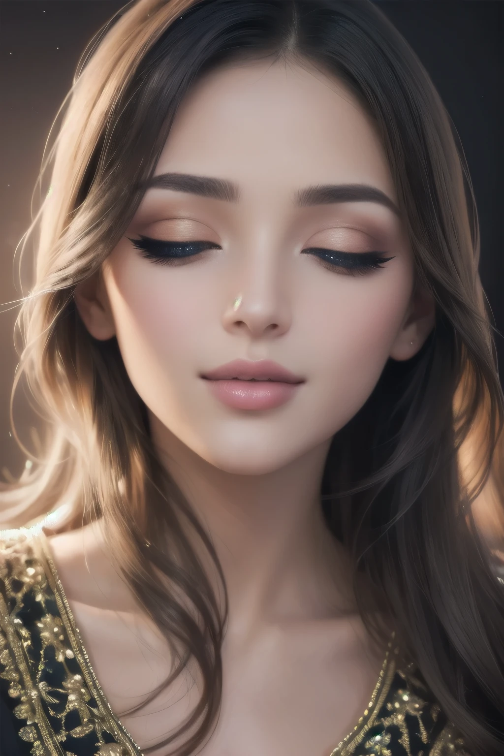 (smoky eyes),(full lips),(detailed face),(long eyelashes),(beautifully dressed)woman,(elegant)gaze,(alluring)smile,(bright)background,(vibrant colors),(soft)lighting, (high resolution),(photorealistic)portrait,(meticulous)attention to detail,(graceful)pose