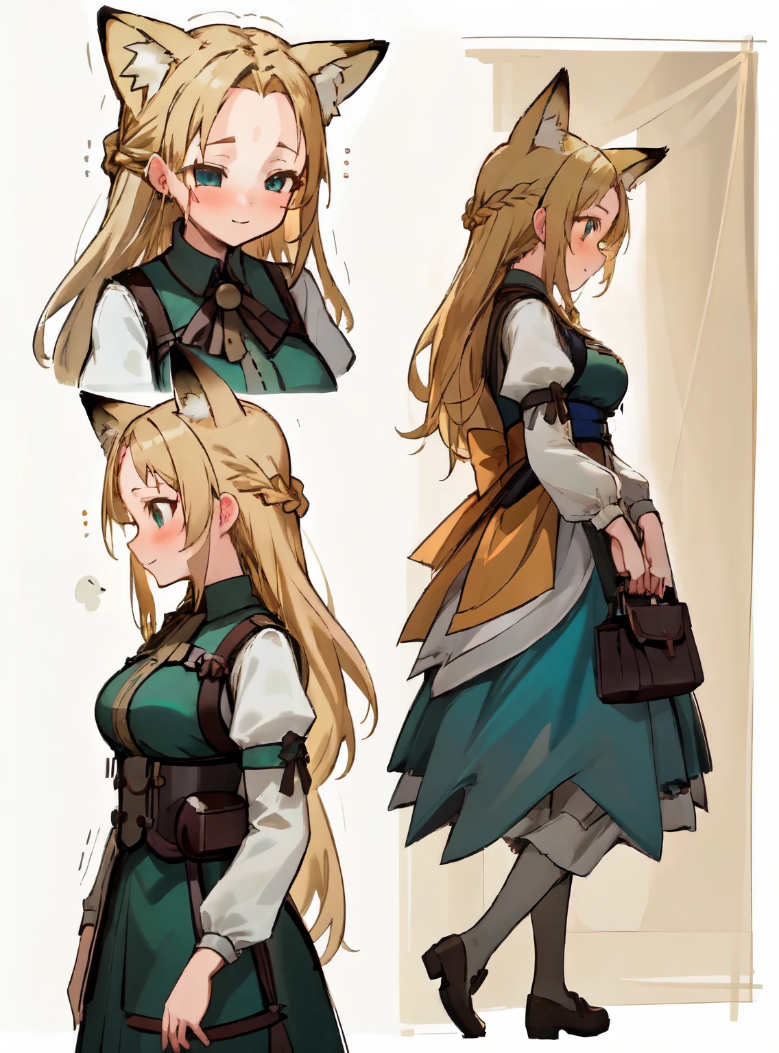 masterpiece: 1.6, highest quality: 1.4, live video: 1.2, intricate details: 1.2, ++, 1 girl, alone, ((blonde)), long hair, french braid, single ~ sidelock, Forehead: 1.5, fox ears, deep blue eyes, bright eyes, big breasts, green adventurer clothes, light clothing, pochette, ++, full body shot, multiple views, front, return: 1.6, ~ side, Performance, ((Character setting material collection, Same character in different poses, character reversal, multiple views)), (transparent returnground, gray returnground:1.2), arms behind return, Upper body, portrait, Happy, Are crying, cold, neutral