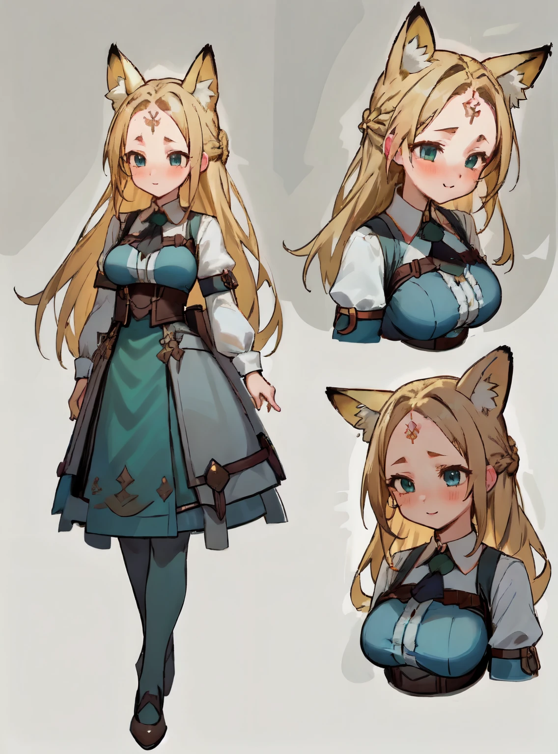 masterpiece: 1.6, highest quality: 1.4, live video: 1.2, intricate details: 1.2, ++, 1 girl, alone, ((blonde)), long hair, french braid, single ~ sidelock, Forehead: 1.5, fox ears, deep blue eyes, bright eyes, big breasts, green adventurer clothes, light clothing, pochette, ++, full body shot, multiple views, front, return: 1.6, ~ side, Performance, ((Character setting material collection, Same character in different poses, character reversal, multiple views)), (transparent returnground, gray returnground:1.2), arms behind return, Upper body, portrait, Happy, Are crying, cold, neutral