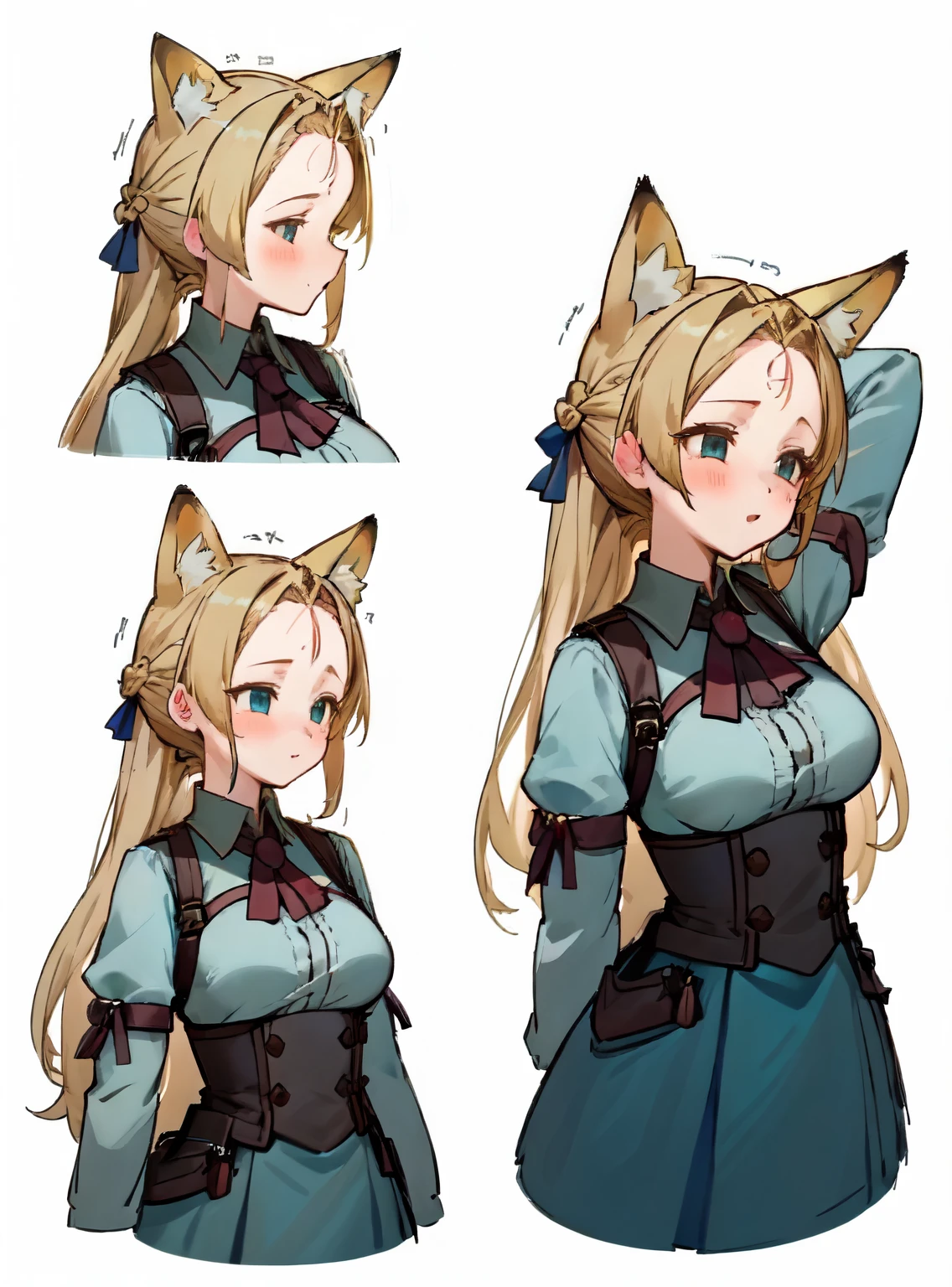 masterpiece: 1.6, highest quality: 1.4, live video: 1.2, intricate details: 1.2, ++, 1 girl, alone, ((blonde)), long hair, french braid, single ~ sidelock, Forehead: 1.5, fox ears, deep blue eyes, bright eyes, big breasts, green adventurer clothes, light clothing, pochette, ++, full body shot, multiple views, front, return: 1.6, ~ side, Performance, ((Character setting material collection, Same character in different poses, character reversal, multiple views)), (transparent returnground, gray returnground:1.2), arms behind return, Upper body, portrait, Happy, Are crying, cold, neutral