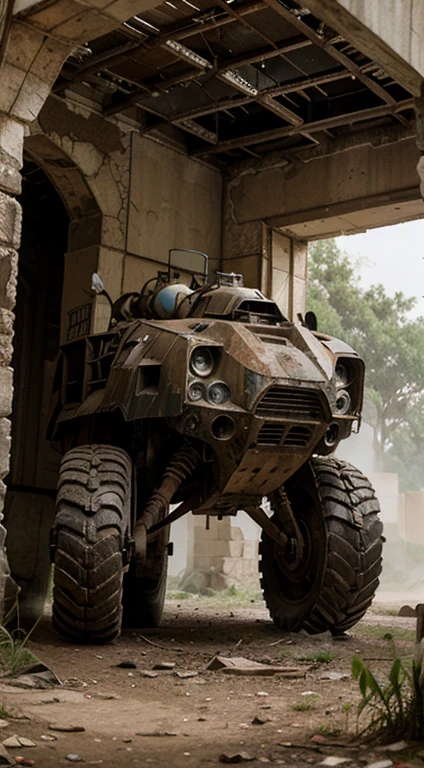 At abandoned ruins, a mech covered with dust. Very old but firm.. realistic photo