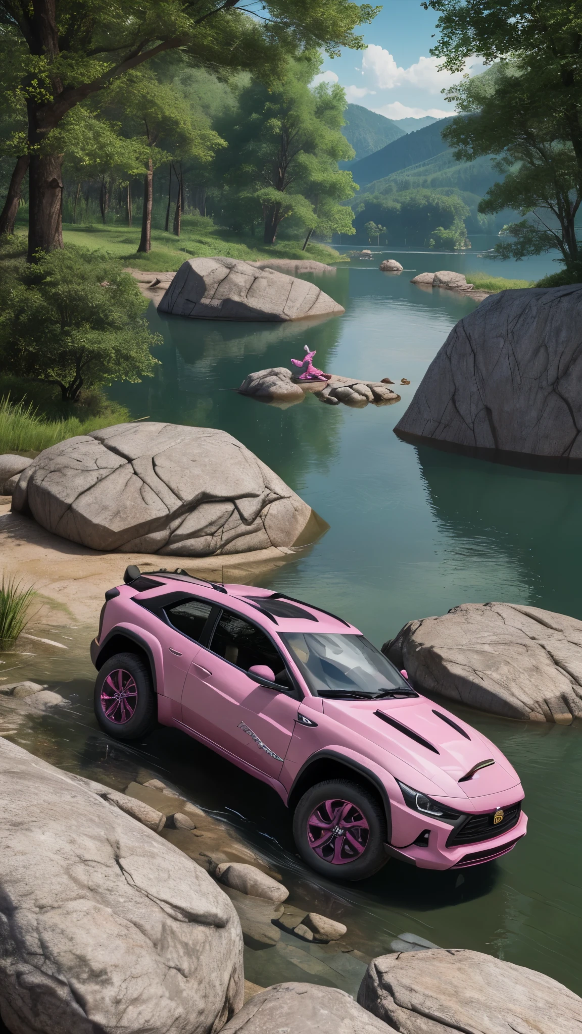 A pink panther ((aggressive), in attack position, rocks and lake around, highly detailed nature environment, high quality picture, hyper realistic, cinematic look, HD in 32k--ar 3:2--in style cartoon, draw
