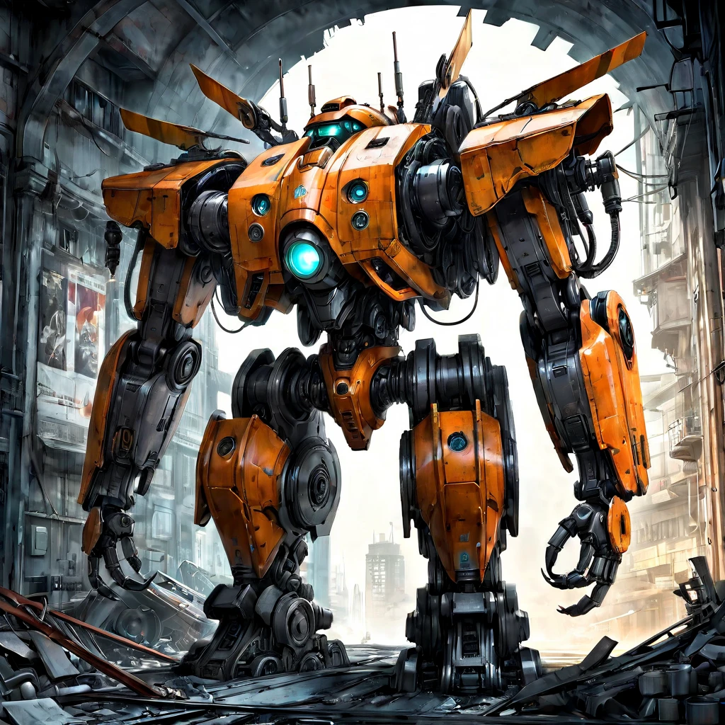 Abandoned Mech, aesthetic, extremely detailed, eye catching, drab, Jaeger_Pacific_Rim , schematic diagram ink on blueprint by Enki Bilal by Vladislav, biomechanical complex, hyperdetailed, intricate, mechanical, Scientific American illustration, Abandoned Robot :: decaying mech, ruins :: sunrise :: beautiful painting, highly detailed :: by Greg Rutkowski and Magali Villanueve, by Lee Jeffries, Alessio Albi, Adrian Kuipers :: ambient light, Nikon 15mm f/1.8G :: Professional photography, bokeh, natural lighting, shot on dslr  megapixels sharp focus, 8k resolution concept art by Greg Rutkowski dynamic lighting hyperdetailed intricately detailed Splash art trending on Artstation triadic colors Unreal Engine 5 volumetric lighting Alphonse Mucha WLOP Jordan Grimmer orange and teal, horror Gustave Doré Greg Rutkowski