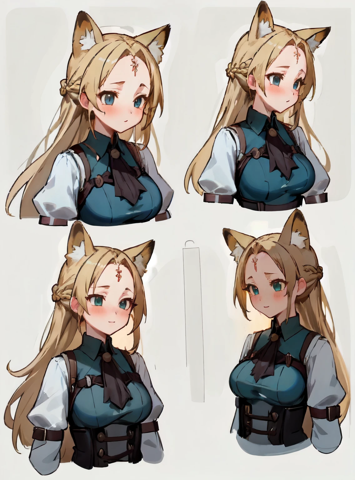 masterpiece: 1.6, highest quality: 1.4, live video: 1.2, intricate details: 1.2, ++, 1 girl, alone, ((blonde)), long hair, french braid, single ~ sidelock, Forehead: 1.5, fox ears, deep blue eyes, bright eyes, big breasts, green adventurer clothes, light clothing, pochette, ++, full body shot, multiple views, front, return: 1.6, ~ side, Performance, ((Character setting material collection, Same character in different poses, character reversal, multiple views)), (transparent returnground, gray returnground:1.2), arms behind return, Upper body, portrait, Happy, Are crying, cold, neutral