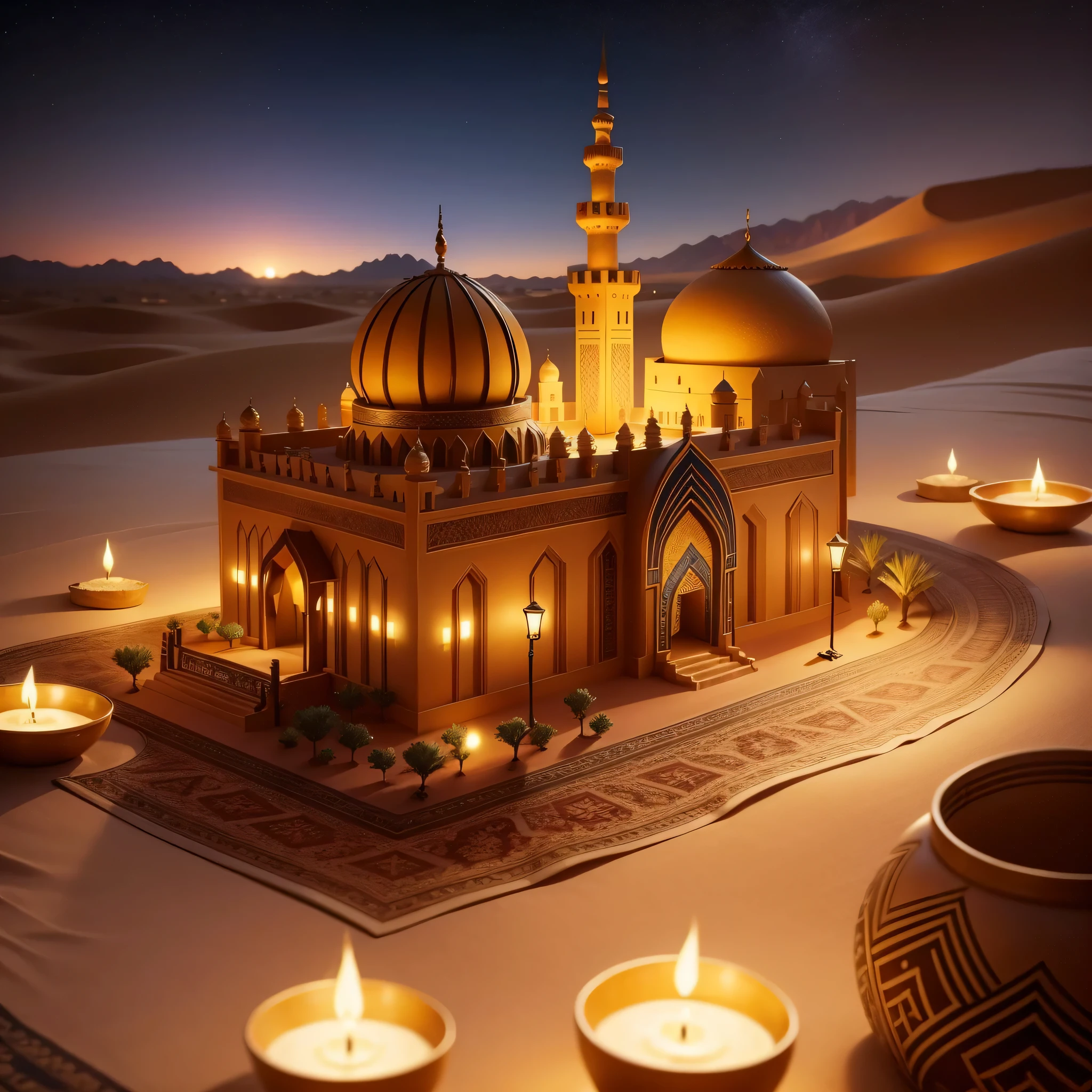 Five star hotel in the desert:60000 miniatures,3D equidistance,Arabic style,ramadan symbol