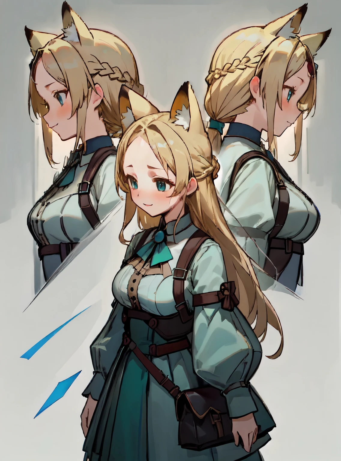 masterpiece: 1.6, highest quality: 1.4, live video: 1.2, intricate details: 1.2, ++, 1 girl, alone, ((blonde)), long hair, french braid, single ~ sidelock, Forehead: 1.5, fox ears, deep blue eyes, bright eyes, big breasts, green adventurer clothes, light clothing, pochette, ++, full body shot, multiple views, front, return: 1.6, ~ side, Performance, ((Character setting material collection, Same character in different poses, character reversal, multiple views)), (transparent returnground, gray returnground:1.2), arms behind return, Upper body, portrait, Happy, Are crying, cold, neutral