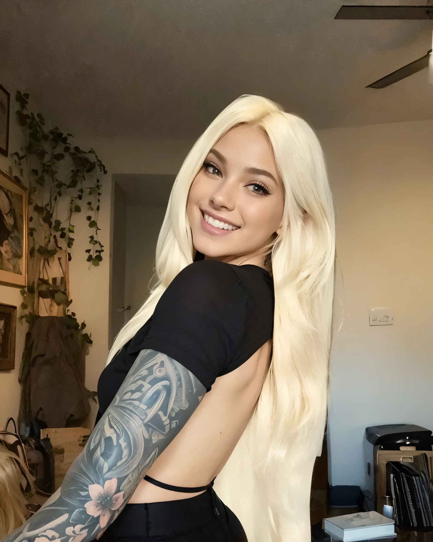 (photorealistic:1.4),8k,(masterpiece), best quality, highest quality, (detailed face:1.5),original,highres, unparalleled masterpiece, ultra realistic 8k, perfect artwork, ((perfect female figure)), narrow waist, skinny,detailed skin, epiCRealism, fcPortrait, shirt, Rosé Blackpink, blonde hair, long hair, tattooed, Blackpink Rosé, skinny