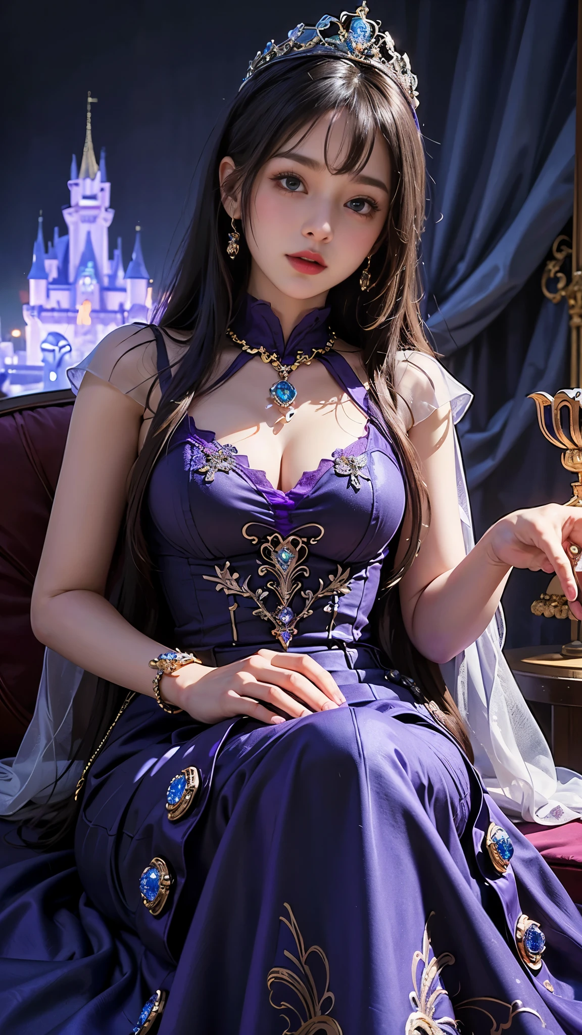 ((best quality)), ((masterpiece)), (detailed), 1 girl, good face, ultra long hair, blue hair, impressive hairstyle, small breasts, (doll dress:1.5), (purple dress:1.5), (jewellery:1.5), (disney castle:1.5), (ice weather:1),