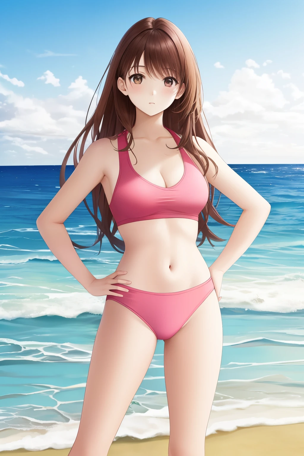 young woman at the beach, wearing a pink two-piece swimsuit, pale skin, strong body, hands on hips, long dark brown hair, hazel eyes