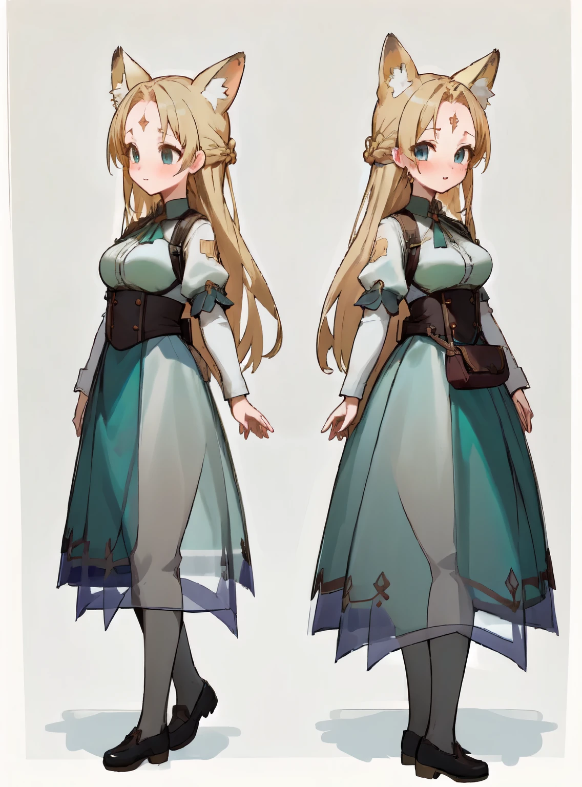 masterpiece: 1.6, highest quality: 1.4, live video: 1.2, intricate details: 1.2, ++, 1 girl, alone, ((blonde)), long hair, french braid, single ~ sidelock, Forehead: 1.5, fox ears, deep blue eyes, bright eyes, big breasts, green adventurer clothes, light clothing, pochette, ++, full body shot, multiple views, front, return: 1.6, ~ side, Performance, ((Character setting material collection, Same character in different poses, character reversal, multiple views)), (transparent returnground, gray returnground:1.2), arms behind return, Upper body, portrait, Happy, Are crying, cold, neutral