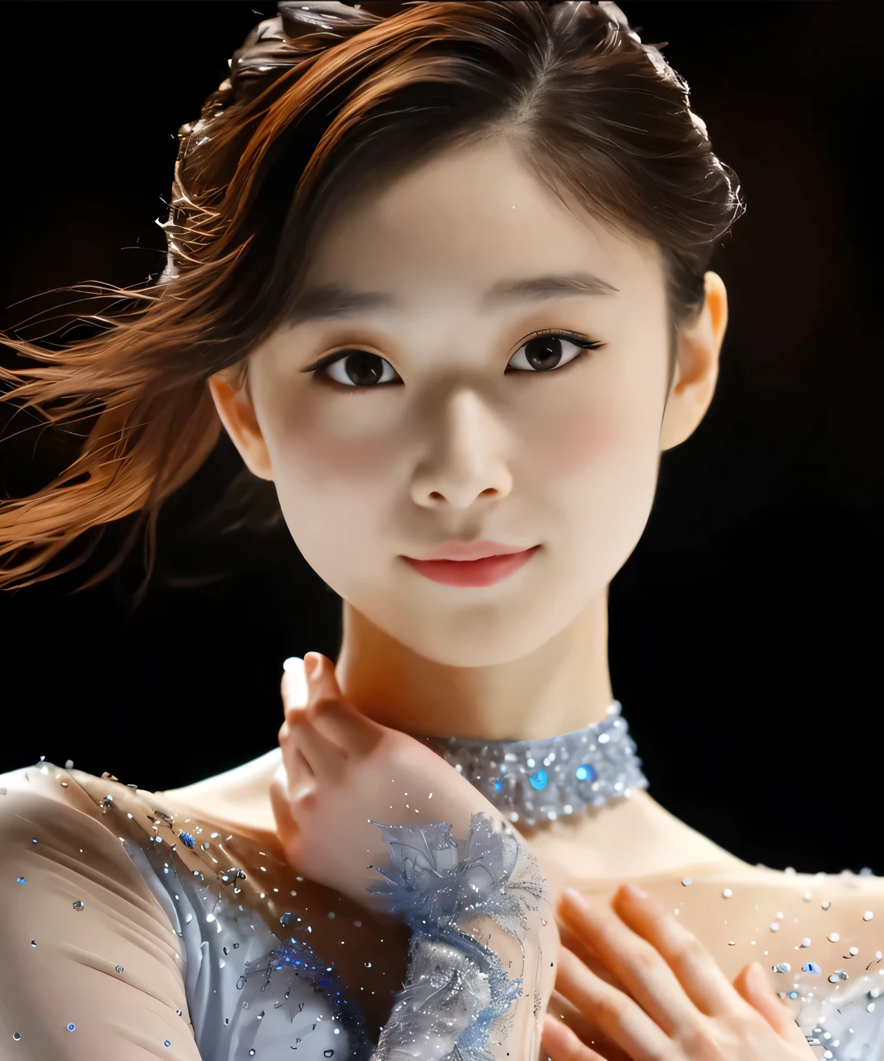 25 year old Asian woman, clear makeup, long eyelashes, figure skater, woman with acting skills, alone, Capture the final pose at the end of the performance, That person is clear, Super detailed, cinematic lighting, written boundary depth, surrealism, figure skating costumes