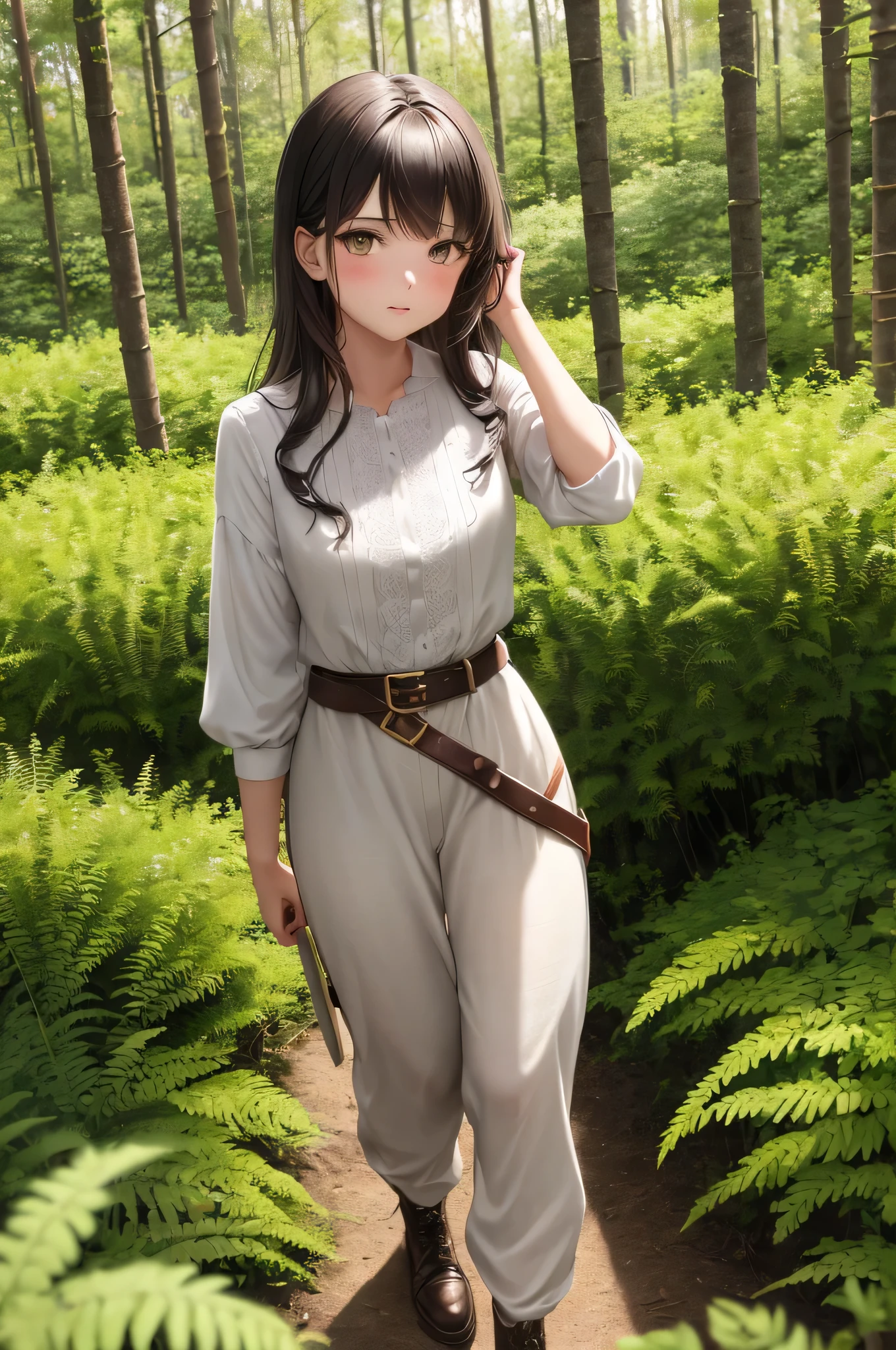 {there is a young girl walking through a mystical forest. she is beautiful, and attractive. she is dressed like from the medieval times. she is wearing a linen tunic, and and pants. she is also wearing a belt with a sword attached to the belt. she is carrying an axe in her hands. she is also wearing leather shoes. she has beautiful long brown hair, and beautiful hazel eyes. she is walking through thick ferns and shrubs in the forest. the forest is very dense, as it is hard to see the ground. there is ferns, shrubs and tall trees everywhere. the forest is a bit dark, with only a tiny bit of sunlight peaking through the trees.}, {best quality}, {{masterpiece}}, {highres}, {{{8k}}}, extremely detailed girl, {{{caucasian skin}}}, {{{detailed face}}}, {photo-realism}, {{perfect anatomy}}, sharp focus, {{{character{1 girl}}}}, solo, {{{{{sharp focus}}}}}, {{{detailed cloth texture}}}, {{{detailed skin texture}}}, {{{smooth lighting}}}, {{australian decent}}, {{18-years old girl}}, {{{anime:1.4}}},