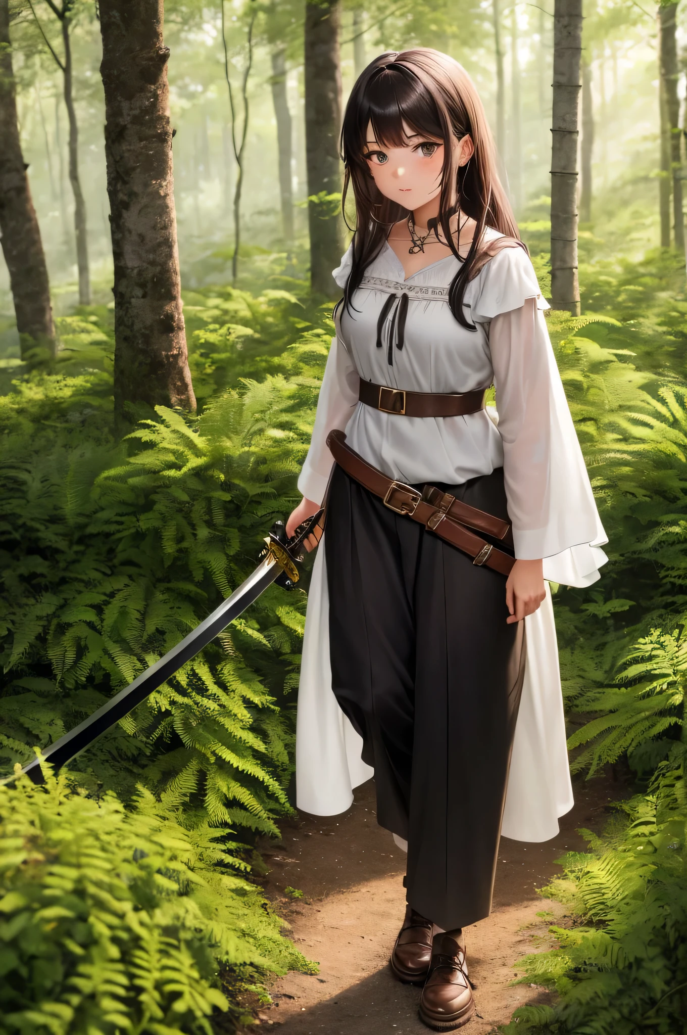 {there is a young girl walking through a mystical forest. she is beautiful, and attractive. she is dressed like from the medieval times. she is wearing a linen tunic, and and pants. she is also wearing a belt with a sword attached to the belt. she is carrying an axe in her hands. she is also wearing leather shoes. she has beautiful long brown hair, and beautiful hazel eyes. she is walking through thick ferns and shrubs in the forest. the forest is very dense, as it is hard to see the ground. there is ferns, shrubs and tall trees everywhere. the forest is a bit dark, with only a tiny bit of sunlight peaking through the trees.}, {best quality}, {{masterpiece}}, {highres}, {{{8k}}}, extremely detailed girl, {{{caucasian skin}}}, {{{detailed face}}}, {photo-realism}, {{perfect ???????}}, sharp focus, {{{character{1 girl}}}}, solo, {{{{{sharp focus}}}}}, {{{detailed cloth texture}}}, {{{detailed skin texture}}}, {{{smooth lighting}}}, {{australian decent}}, {{18-years old girl}}, {{{anime:1.4}}},
