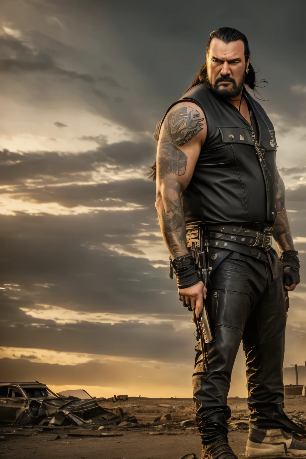 cinematic scene, comics art, mad max world, close up, portrait of a strong man looking like Steven Seagal, tattooed skin, long hair, angry face, leather clothes, crossed arms pose in a street of a ruined city, masterpiece, best image