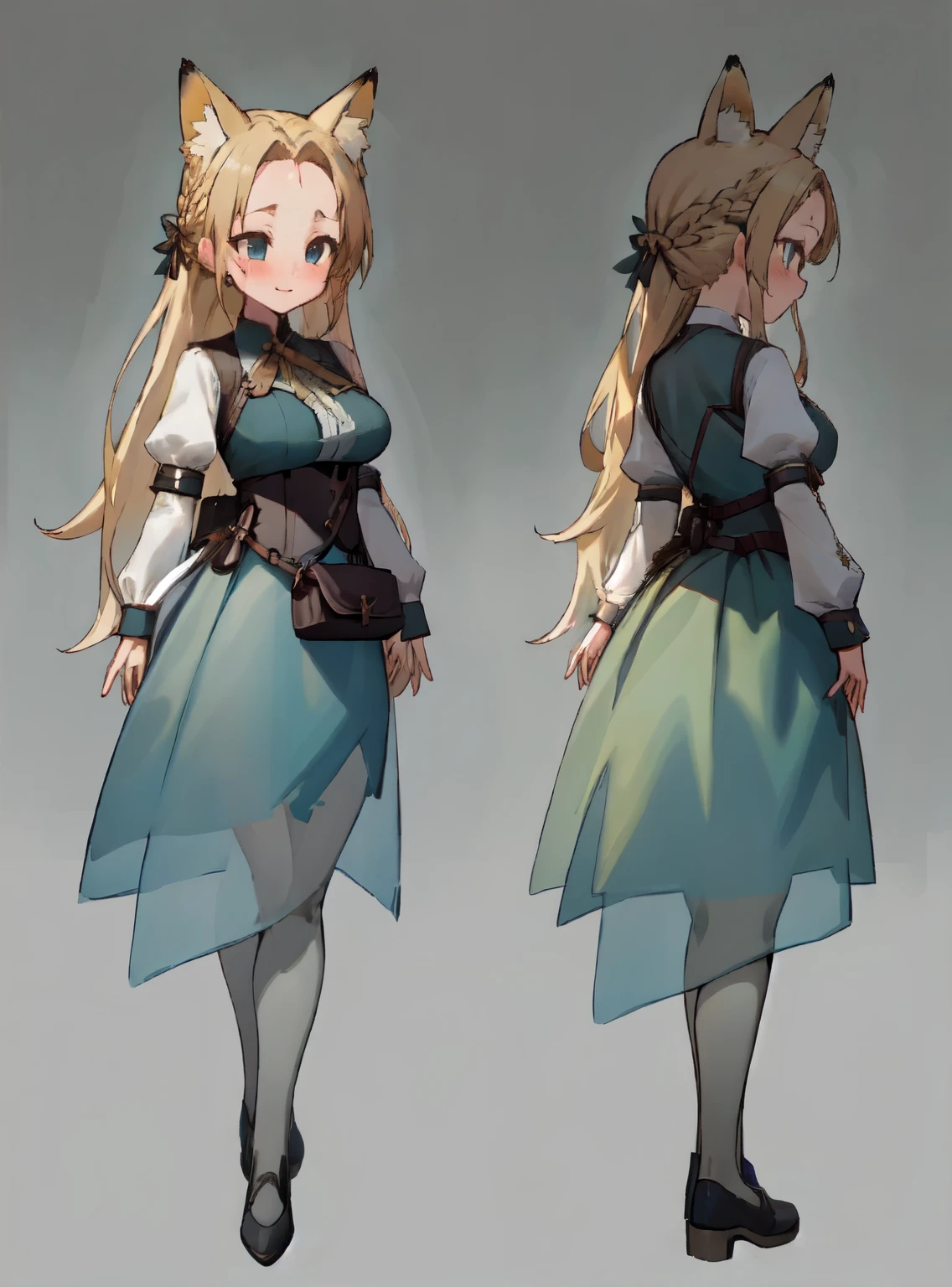 masterpiece: 1.6, highest quality: 1.4, live video: 1.2, intricate details: 1.2, ++, 1 girl, alone, ((blonde)), long hair, french braid, single ~ sidelock, Forehead: 1.5, fox ears, deep blue eyes, bright eyes, big breasts, green adventurer clothes, light clothing, pochette, ++, full body shot, multiple views, front, return: 1.6, ~ side, Performance, ((Character setting material collection, Same character in different poses, character reversal, multiple views)), (transparent returnground, gray returnground:1.2), arms behind return, Upper body, portrait, Happy, Are crying, cold, neutral