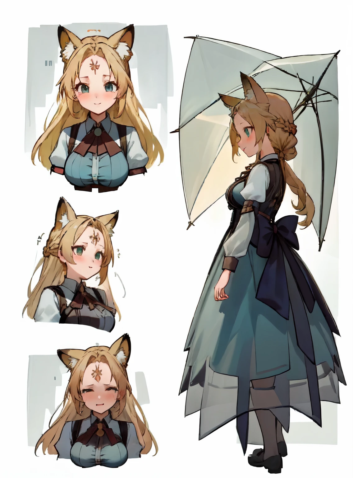 masterpiece: 1.6, highest quality: 1.4, live video: 1.2, intricate details: 1.2, ++, 1 girl, alone, ((blonde)), long hair, french braid, single ~ sidelock, Forehead: 1.5, fox ears, deep blue eyes, bright eyes, big breasts, green adventurer clothes, light clothing, pochette, ++, full body shot, multiple views, front, return: 1.6, ~ side, Performance, ((Character setting material collection, Same character in different poses, character reversal, multiple views)), (transparent returnground, gray returnground:1.2), arms behind return, Upper body, portrait, Happy, Are crying, cold, neutral
