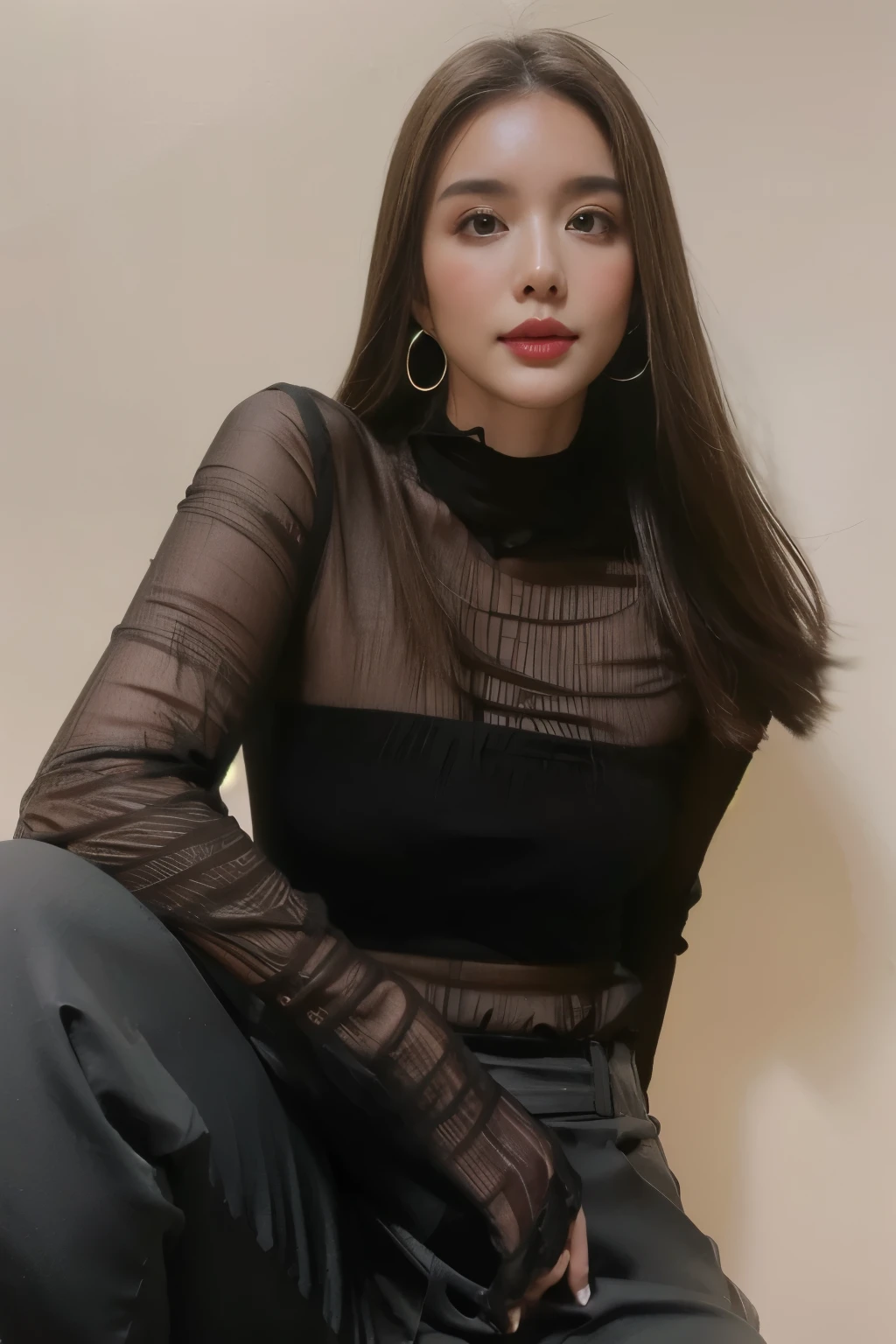 there is a woman sitting on a chair with a black top, cindy avelino, see - through, black top, see through, sheer, inspired by Olivia Peguero, wearing a cute top, inspired by Jorge Jacinto, wearing in black clothes, alina ivanchenko, black turtleneck, 🤤 girl portrait, leaked image, portrait image, black outfit, NSFW, No clothes, bare breasts