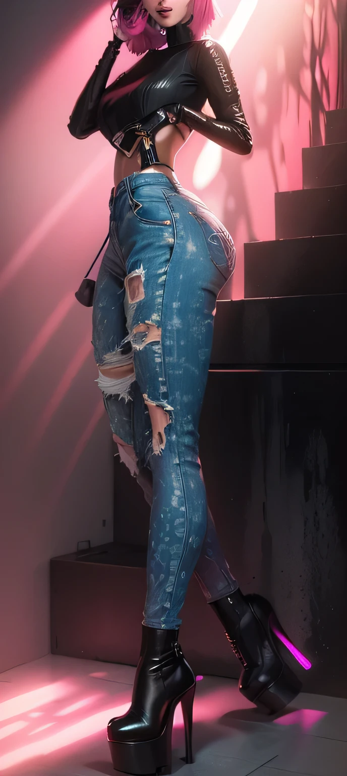 AVATAR SECOND LIFE Korean girl black top and jeans , asian pink hair , rosto perfeito e detalhado, IMVU, detalhes maximalistas, AVATAR SECOND LIFE Korean blouse and pants , neon
