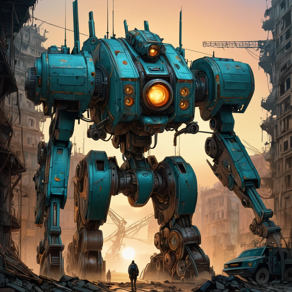 Abandoned Mech, aesthetic, extremely detailed, eye catching, drab, Jaeger_Pacific_Rim , schematic diagram ink on blueprint by Enki Bilal by Vladislav, biomechanical complex, hyperdetailed, intricate, mechanical, Scientific American illustration, Abandoned Robot :: decaying mech, ruins :: sunrise :: beautiful painting, highly detailed :: by Greg Rutkowski and Magali Villanueve, by Lee Jeffries, Alessio Albi, Adrian Kuipers :: ambient light, Nikon 15mm f/1.8G :: Professional photography, bokeh, natural lighting, shot on dslr megapixels sharp focus, 8k resolution concept art by Greg Rutkowski dynamic lighting hyperdetailed intricately detailed Splash art trending on Artstation triadic colors Unreal Engine 5 volumetric lighting Alphonse Mucha WLOP Jordan Grimmer orange and teal, horror Gustave Doré Greg Rutkowski
