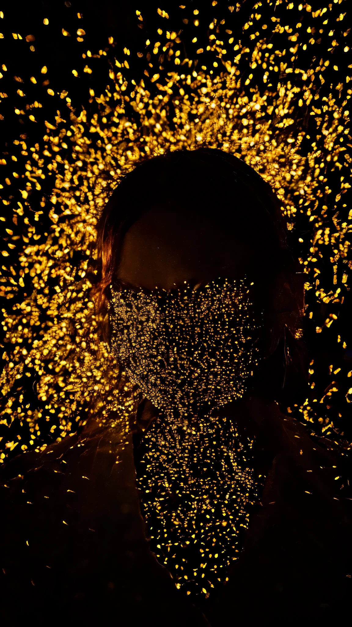 A person made of fireflies, surrounded by fireflies.