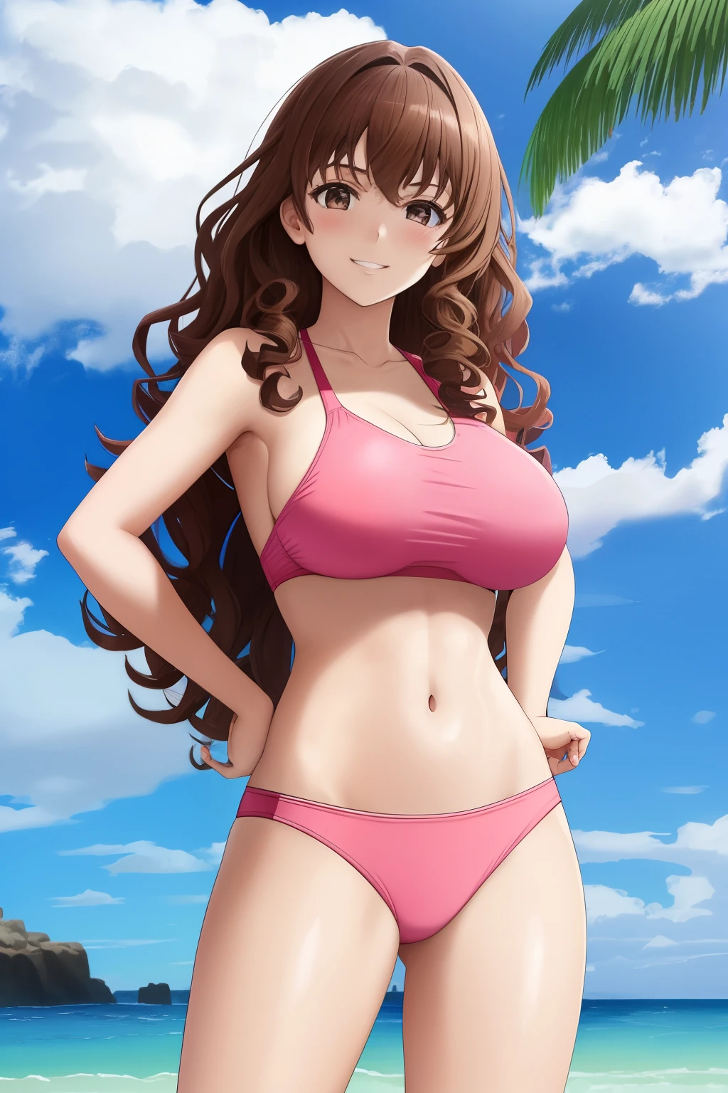 young woman at the beach, wearing a pink two-piece swimsuit, pale skin, strong body, hands on hips, long curly dark brown hair, hazel eyes, posing, smirk, enormous breasts