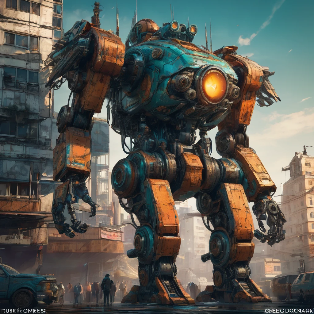 Abandoned Mech, aesthetic, extremely detailed, eye catching, drab, Jaeger_Pacific_Rim , schematic diagram ink on blueprint by Enki Bilal by Vladislav, biomechanical complex, hyperdetailed, intricate, mechanical, Scientific American illustration, Abandoned Robot :: decaying mech, ruins :: sunrise :: beautiful painting, highly detailed :: by Greg Rutkowski and Magali Villanueve, by Lee Jeffries, Alessio Albi, Adrian Kuipers :: ambient light, Nikon 15mm f/1.8G :: Professional photography, bokeh, natural lighting, shot on dslr  megapixels sharp focus, 8k resolution concept art by Greg Rutkowski dynamic lighting hyperdetailed intricately detailed Splash art trending on Artstation triadic colors Unreal Engine 5 volumetric lighting Alphonse Mucha WLOP Jordan Grimmer orange and teal, horror Gustave Doré Greg Rutkowski