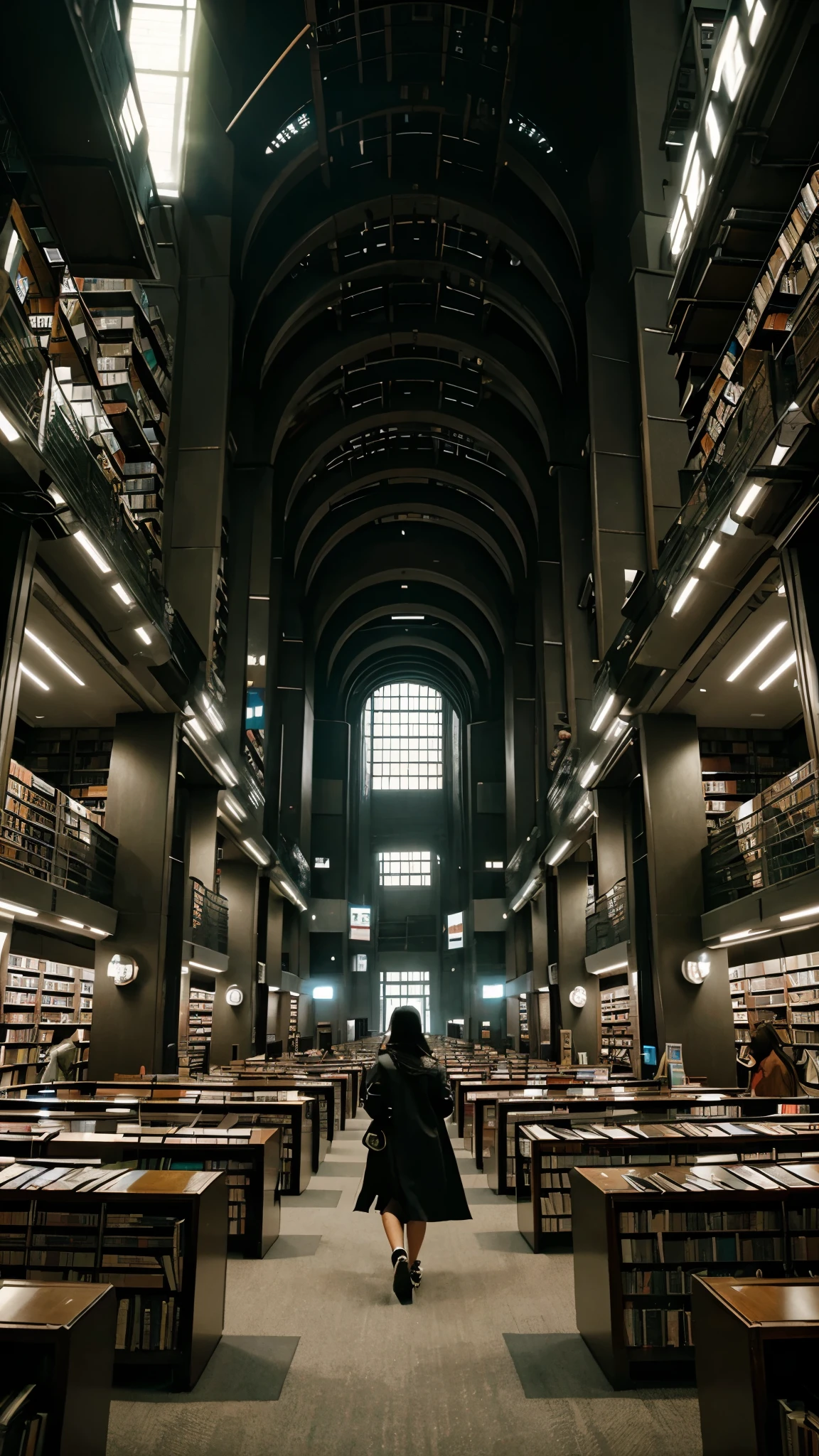 giant futuristic library with thousands of books. A cyberpunk in the center of the Library looking in awe