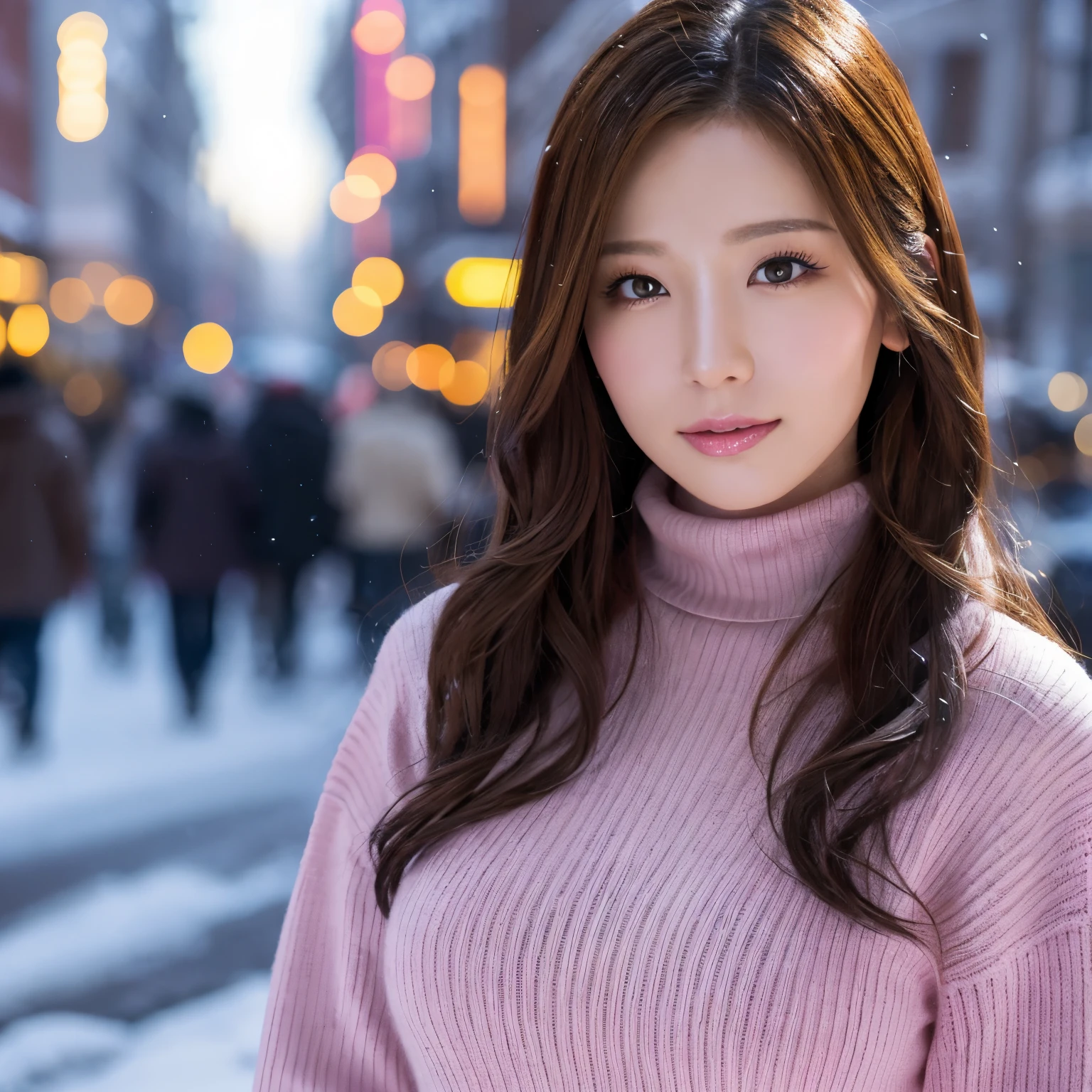 (table top、highest quality、8k、Award-winning work、ultra high resolution)、one beautiful woman、(Turtleneck long knitted sweater dress and thick fur coat:1.2)、Exactly、brown hair、(The most natural and accurate pink long scarf:1.2)、Very long wavy hair、epic movie lighting、(romantic love feeling:1.1)、(The most romantic and moody atmosphere:1.1)、winter、snow scene、It&#39;s snowing、Norwegian city covered in snow、look at me、(Big breasts that are about to explode:1.1)、(Most emphasize the body line:1.1)、very long hair、blurred background、accurate anatomy、ultra high definition hair、ultra high resolutionの完璧な美しい歯、Ultra high definition beauty face、ultra high definition hair、Super high-definition sparkling eyes、輝くultra high resolutionの美肌、ultra high resolutionの艶やかな唇、(close up of face:1.3)