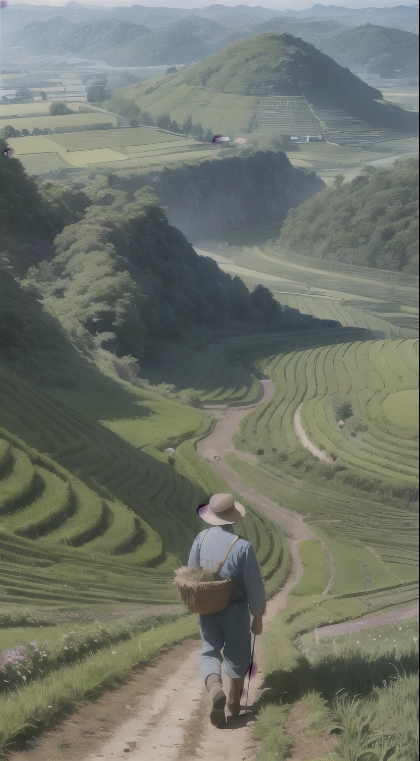 An old farmer carrying a flat burden, walking on the winding path of the countryside, big clouds, blue sky, rice fields, neat rice seedlings in the field, forest, hillside, secluded, countryside, HD detail, hyper-detail, cinematic, surrealism, soft light, deep field focus bokeh, ray tracing and surrealism. --v6