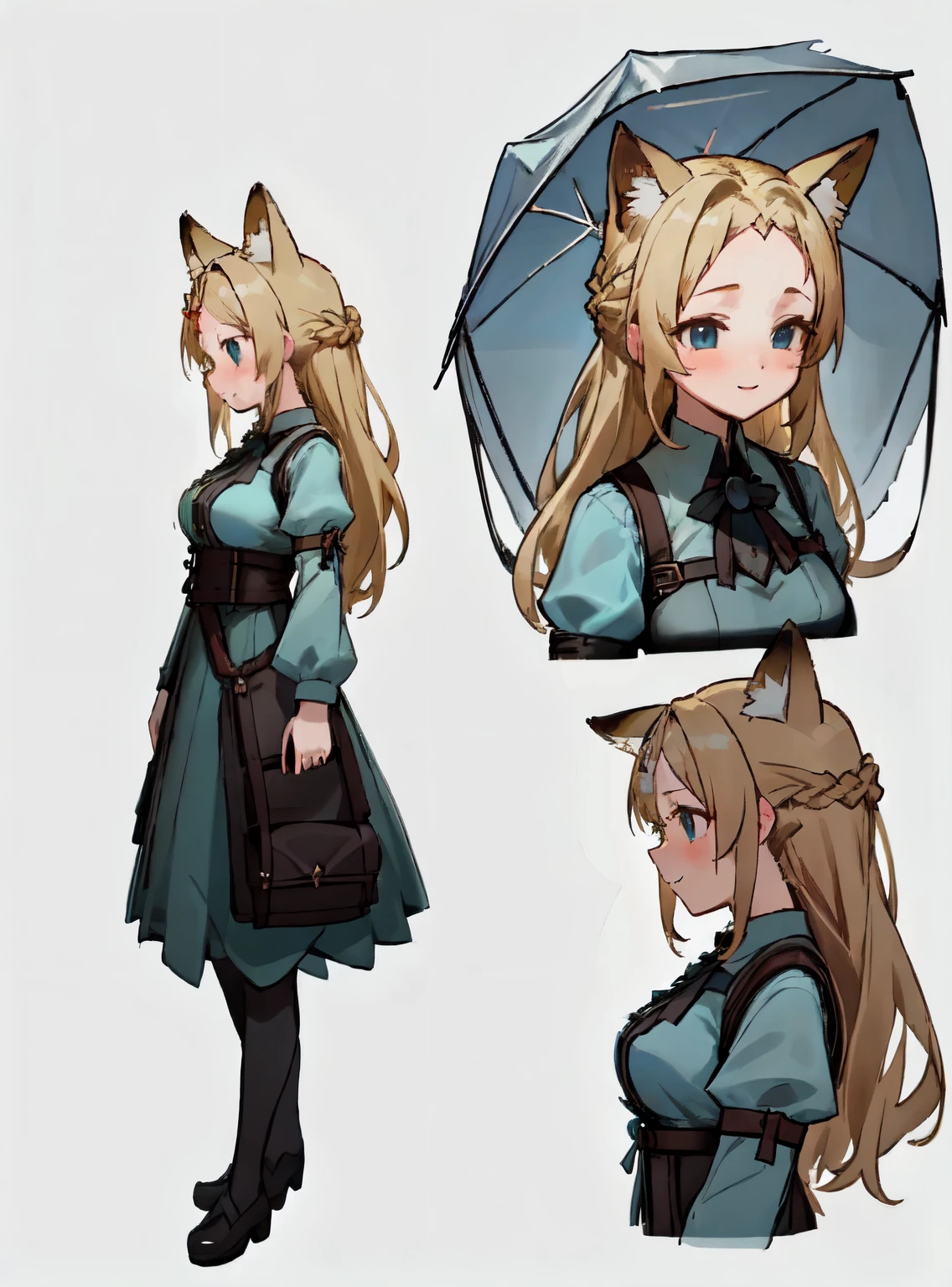 masterpiece: 1.6, highest quality: 1.4, live video: 1.2, intricate details: 1.2, ++, 1 girl, alone, ((blonde)), long hair, french braid, single ~ sidelock, Forehead: 1.5, fox ears, deep blue eyes, bright eyes, big breasts, green adventurer clothes, light clothing, pochette, ++, full body shot, multiple views, front, return: 1.6, ~ side, Performance, ((Character setting material collection, Same character in different poses, character reversal, multiple views)), (transparent returnground, gray returnground:1.2), arms behind return, Upper body, portrait, Happy, Are crying, cold, neutral