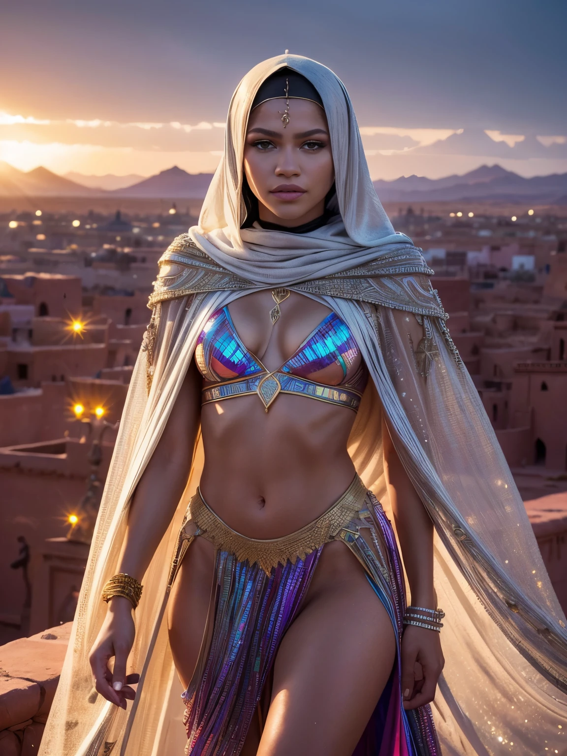 ((Ouarzazate in background)), photo of alluring Zendaya, beautiful woman sparkling splashing rainbows, ((bright eyes)), super long braids, glistening, dripping exotic jewelry, iridescent, hooded abaya (masterpiece) (best quality) (detailed) (8k) (HDR) (wallpaper) (cinematic lighting) (sharp focus) (intricate)