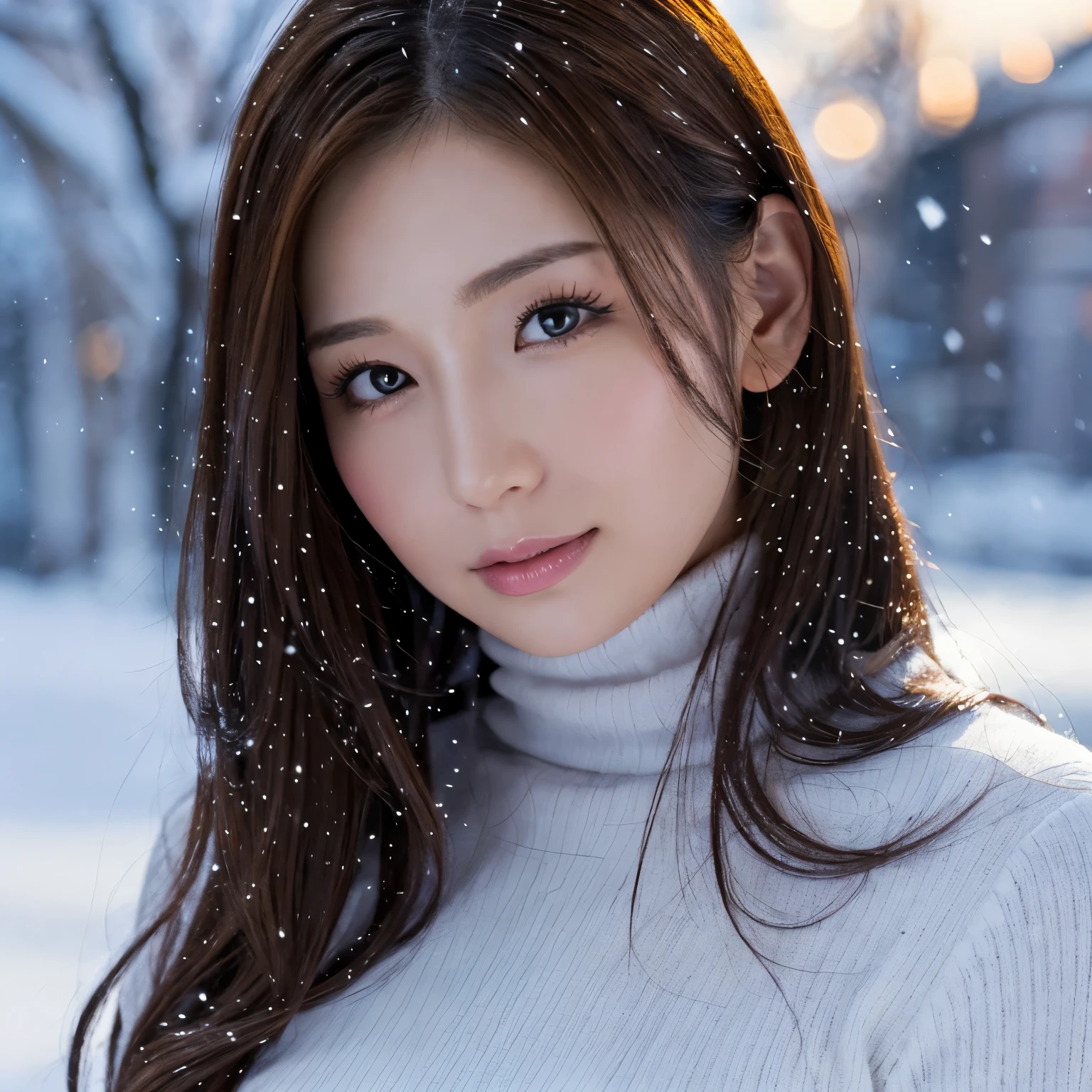 (table top、highest quality、8k、Award-winning work、ultra high resolution)、one beautiful woman、(Turtleneck long knit sweater dress:1.1)、(elegant thick fur coat:1.2)、perfect fit、brown hair、(The most natural and accurate long muffler:1.2)、Very long wavy hair、epic movie lighting、(romantic love feeling:1.1)、(The most romantic and moody atmosphere:1.1)、winter、snow scene、It's snowing、Norwegian city covered in snow、look at me、(Big breasts that are about to explode:1.1)、(Most emphasize the body line:1.1)、very long hair、blurred background、accurate anatomy、ultra high definition hair、ultra high resolutionの完璧な美しい歯、Ultra high definition beauty face、ultra high definition hair、Super high-definition sparkling eyes、輝くultra high resolutionの美肌、ultra high resolutionの艶やかな唇、(close up of face:1.3)