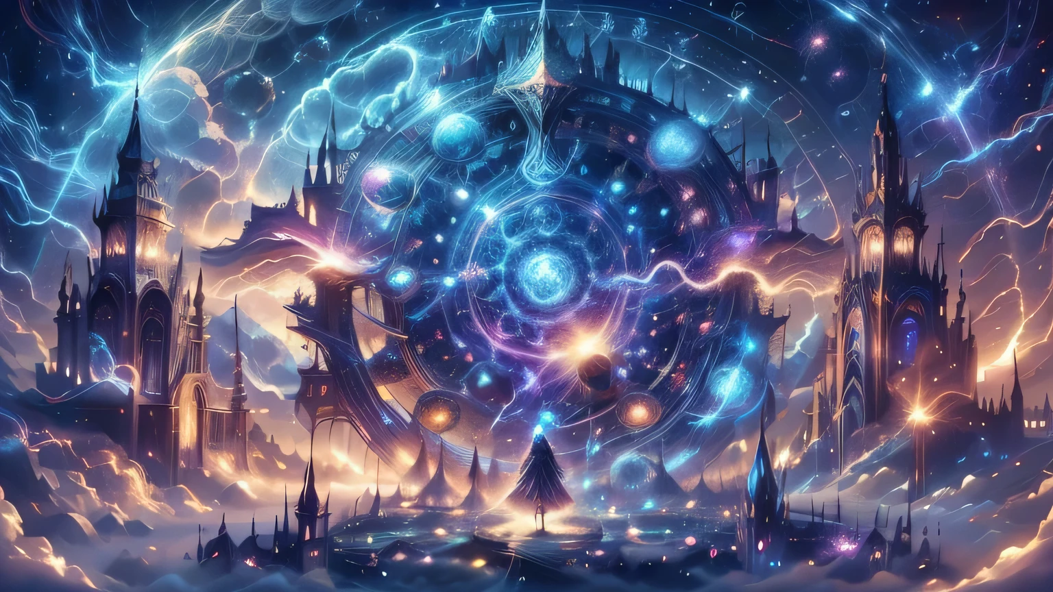 A captivating and enchanting photo realistic of a mystical fantasy-inspired landscape of a palace with intricate mandala patterns and gateway into another dimension. with a strong golden glowing aura, creating a mesmerizing, dazzling effect. A swirling vortex of stars and celestial elements surrounds, adding to the magical atmosphere, giving the scene a personal touch. This enthralling piece of art masterfully blends divine fantasy and vibrant cosmic galaxy energy, resulting in a visually stunning and immersive experience., photo, product, vibrant, light fantasy
