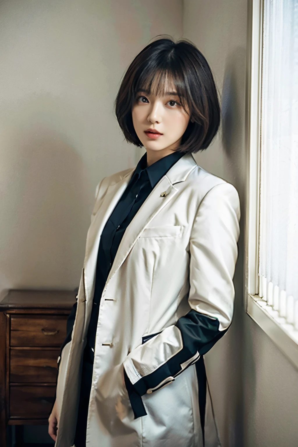 highest quality,masterpiece,One girl on the imaginative Macau women page,coarse hair,short bob hair,suit,white wall room,indoor,noon,ultra high resolution,Highly detailed official Unity 8K wallpaper,ultra high resolution,super high quality,