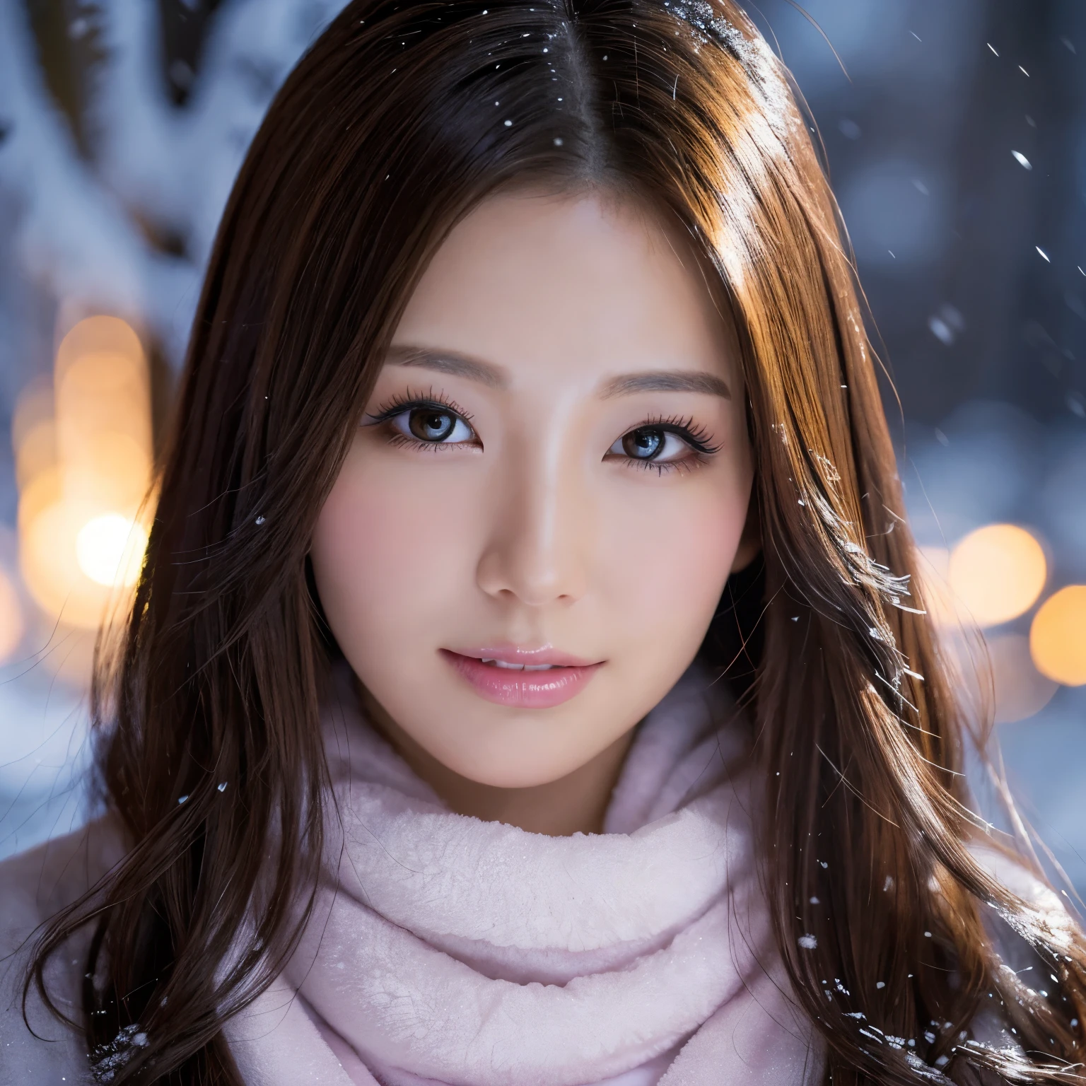(table top、highest quality、8k、Award-winning work、ultra high resolution)、one beautiful woman、(elegant thick fur coat:1.2)、perfect fit、brown hair、(The most natural and accurate long muffler:1.2)、Very long wavy hair、epic movie lighting、(romantic love feeling:1.1)、(The most romantic and moody atmosphere:1.1)、winter、snow scene、It&#39;s snowing、Norwegian city covered in snow、look at me、(Big breasts that are about to explode:1.1)、(Most emphasize the body line:1.1)、very long hair、blurred background、accurate anatomy、ultra high definition hair、ultra high resolutionの完璧な美しい歯、Ultra high definition beauty face、ultra high definition hair、Super high-definition sparkling eyes、輝くultra high resolutionの美肌、ultra high resolutionの艶やかな唇、(close up of face:1.3)