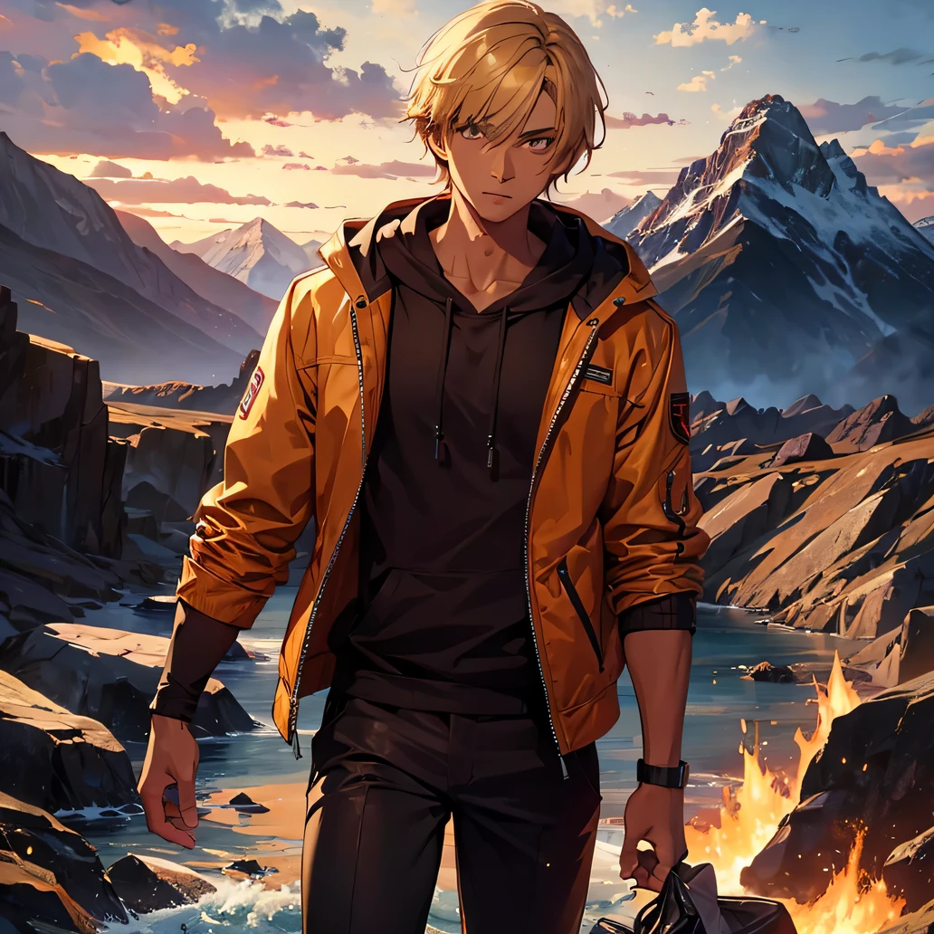 young sporty man, in a beige sweatshirt and brown trousers. He has light yellow hair and orange eyes.. Very self-confident and arrogant look, Beautifulе мужественное лицо. Atmosphere of horror, fear, Horror style, Beautiful, alarm, Strength and power. purple and red shades, comic style. battlefield between mountains and rivers