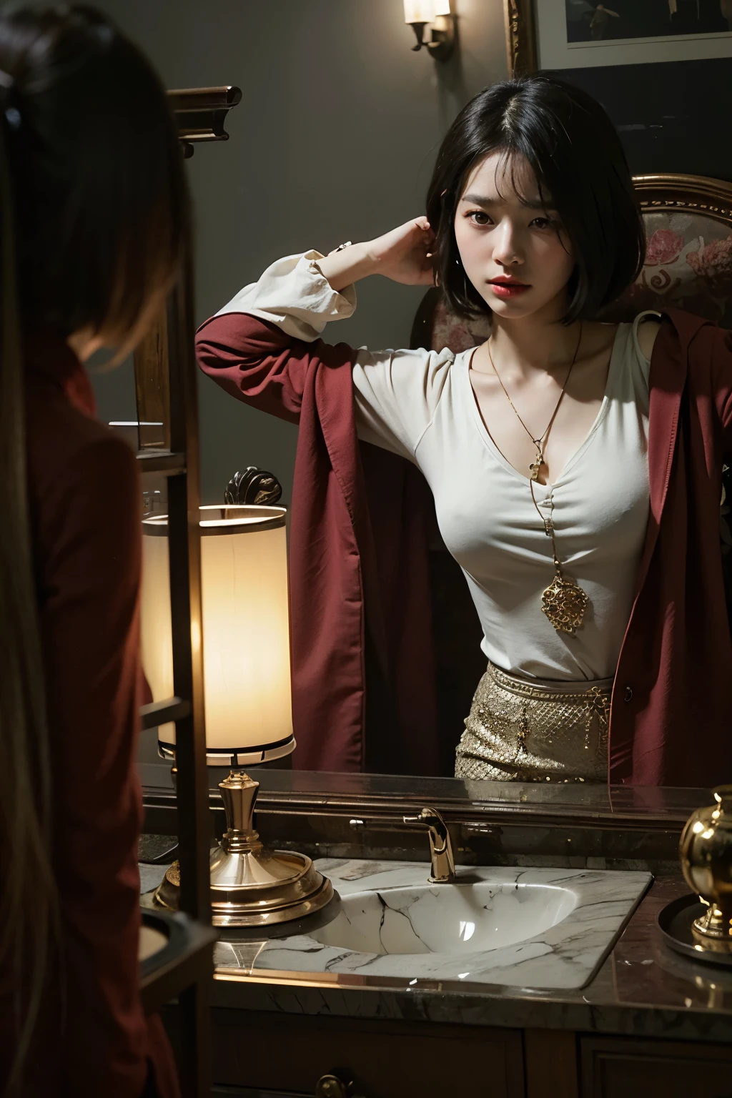 (Best quality, 8k, 32k, Masterpiece, UHD:1.2) "Generate a captivating artwork featuring a young Japanese girl model with short, sleek black hair styled in a chic bob haircut. Envision her bathed in dramatic cinematic lighting, creating an atmosphere of allure and mystery. Emphasize a romantic aesthetic vibe, showcasing the model in a poised and elegant pose that evokes a sense of intimacy and sophistication. Utilize warm and soft tones to enhance the romantic ambiance, and consider incorporating elements like flowing fabrics or flowers to add a touch of ethereal beauty. Capture the essence of romance and beauty through the model's expression, the play of light and shadows, and the overall aesthetic, creating a visually compelling and emotionally resonant piece." (perfect eyes), flawless skin, flawless face, cinematic, tight body, ((well-proportion female hands)), ((female hands with five digits)) ((Body is well proportioned)), ((chic bob haircut)),