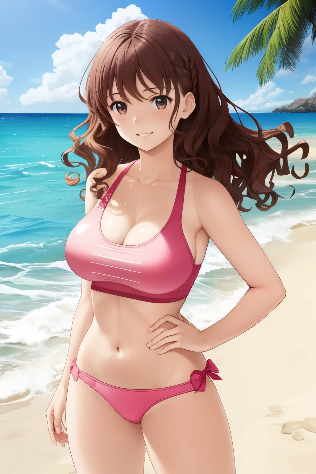 young woman at the beach, wearing a pink two-piece swimsuit, pale skin, strong body, hands on hips, long curly dark brown hair, hazel eyes, posing, smirk, enormous m-cup breasts, unrealistically sized breasts