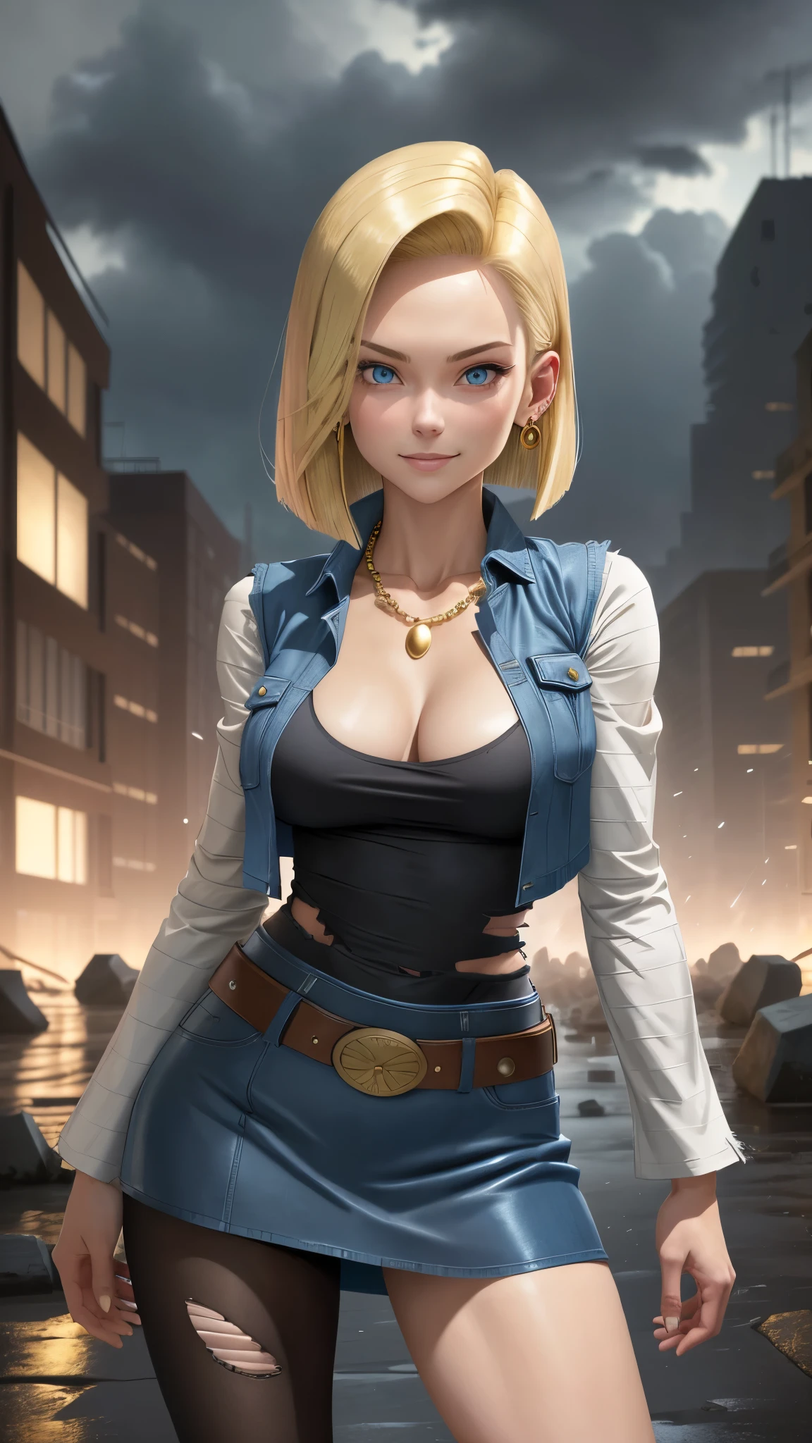 best quality, high-res, and18, 1girl, android 18, solo, blonde hair, blue eyes, belt, tight blue demin skirt, gold necklace, black shirt, short hair, long sleeves, striped sleeves, earrings, open vest, blue denim vest, large breasts, cowboy shot, city park, straight-on, (weather: raining), sexy pose, full length pantyhose, battle ruins, wide hips, torn clothes, shy smile,